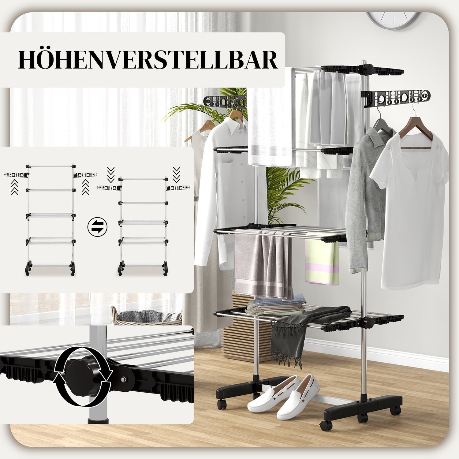 Klädluftare med hjul, fällbara vingar – stål, 142 x 55 x 172 cm