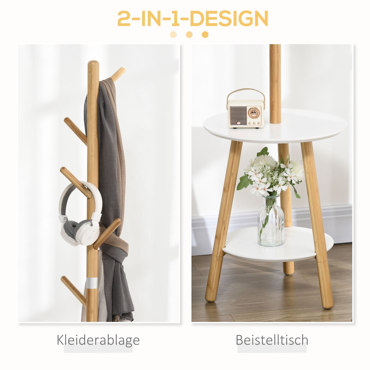 Klädstativ med 5 krokar & sidobord, 171 cm, natur/vit