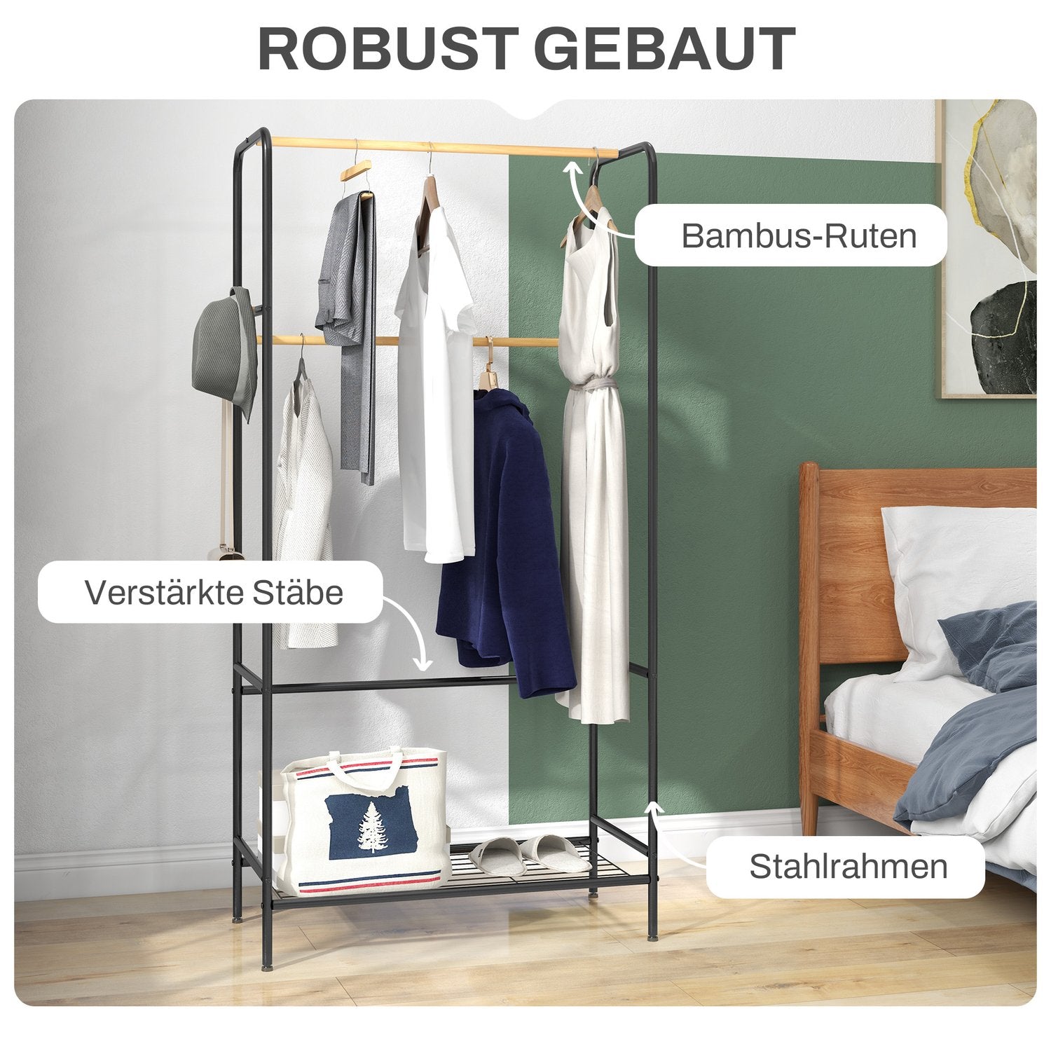 Klädställ i svart bambu, 2 skenor och krokar, hall i sovrummet