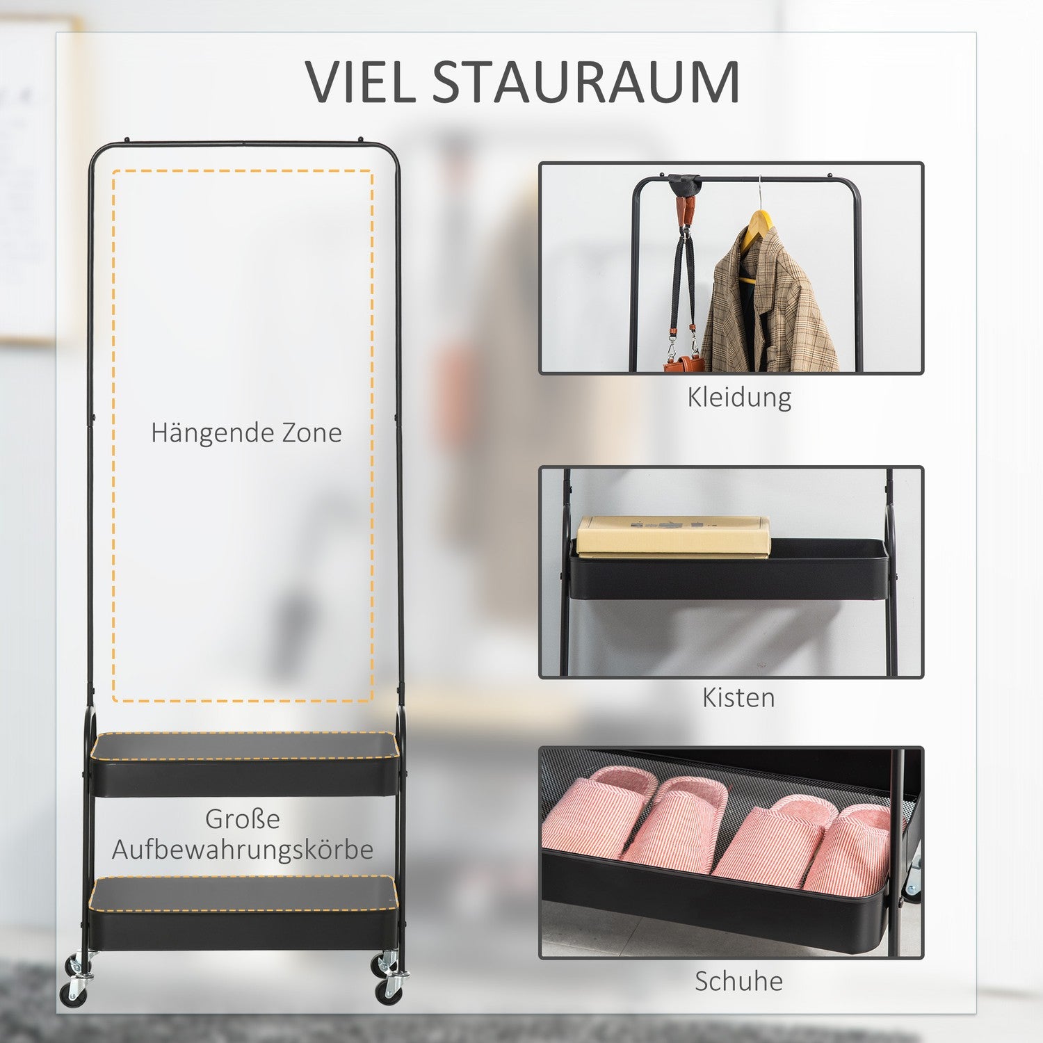 Stål Kläder & skoställ på hjul, 16 kg kapacitet, svart