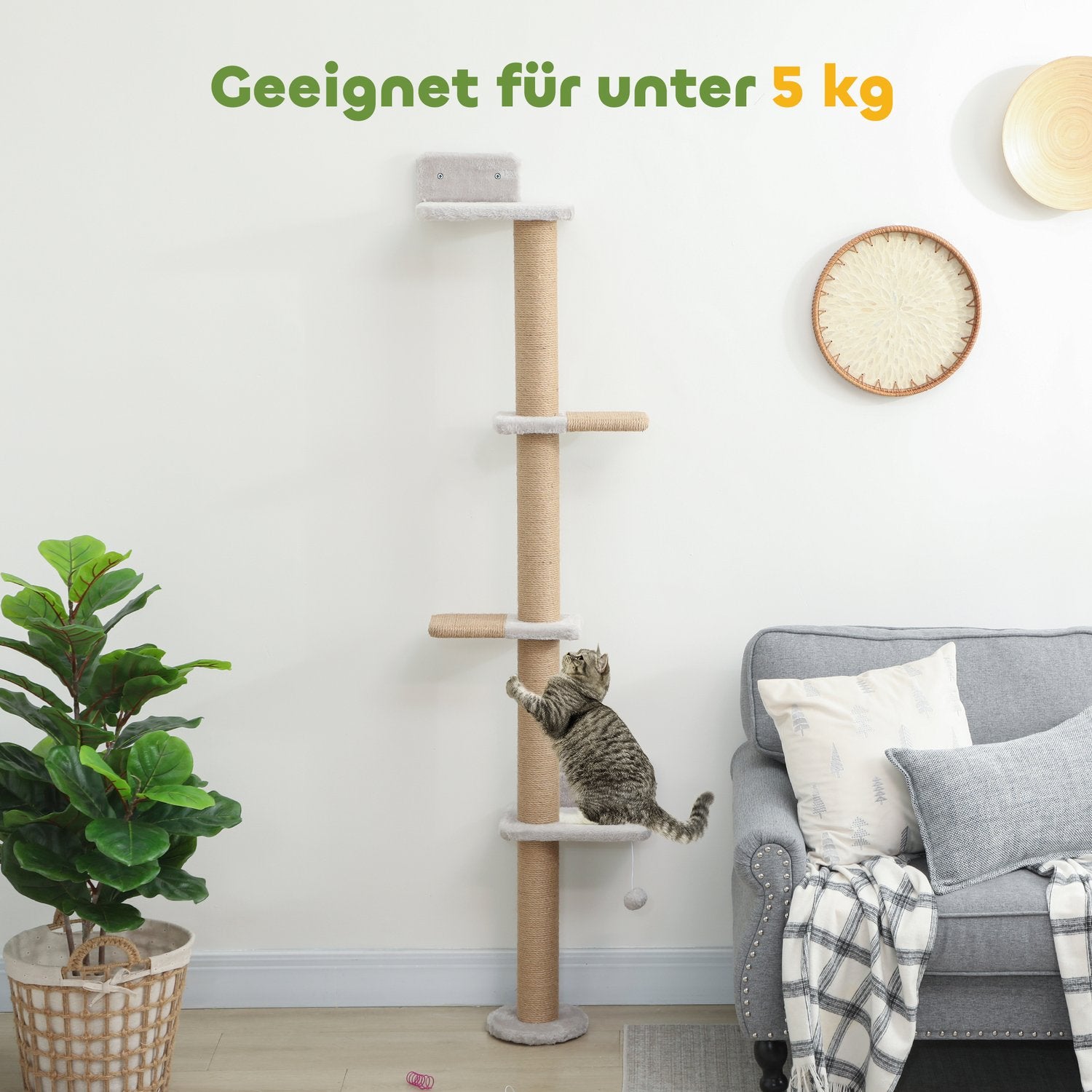 Klösträd, 5 nivåer, sisalstolpar, plyschtyg, ljusgrå