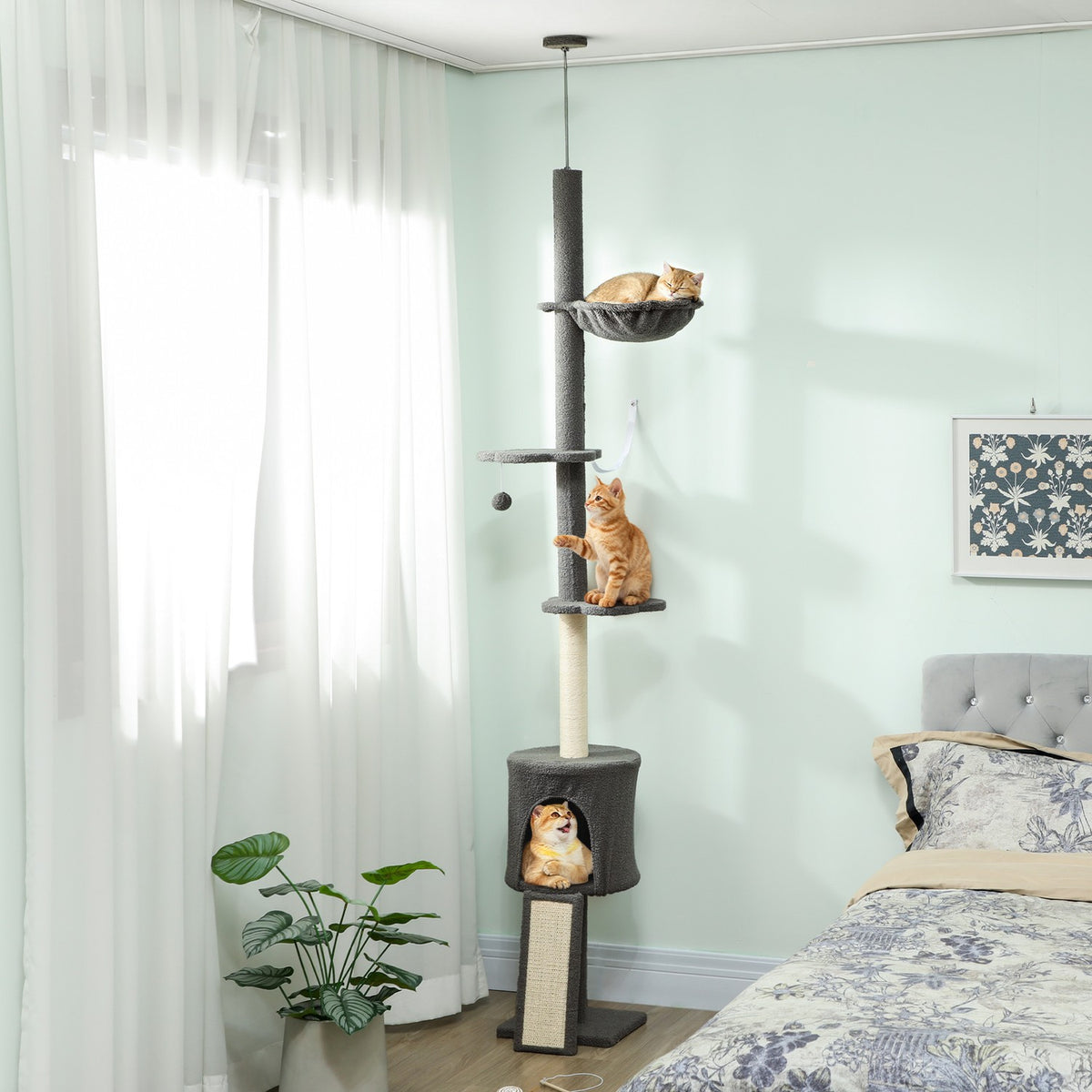 Klatrestativ for katt med hengekøye, justerbar høyde, grå