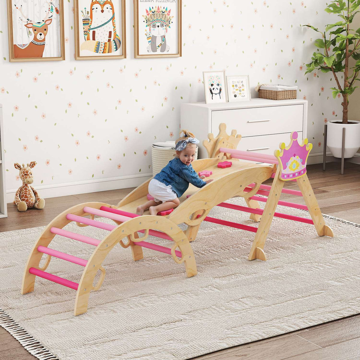 Klatrestativ for barn innendørs – 8-i-1, prinsessedesign, tre