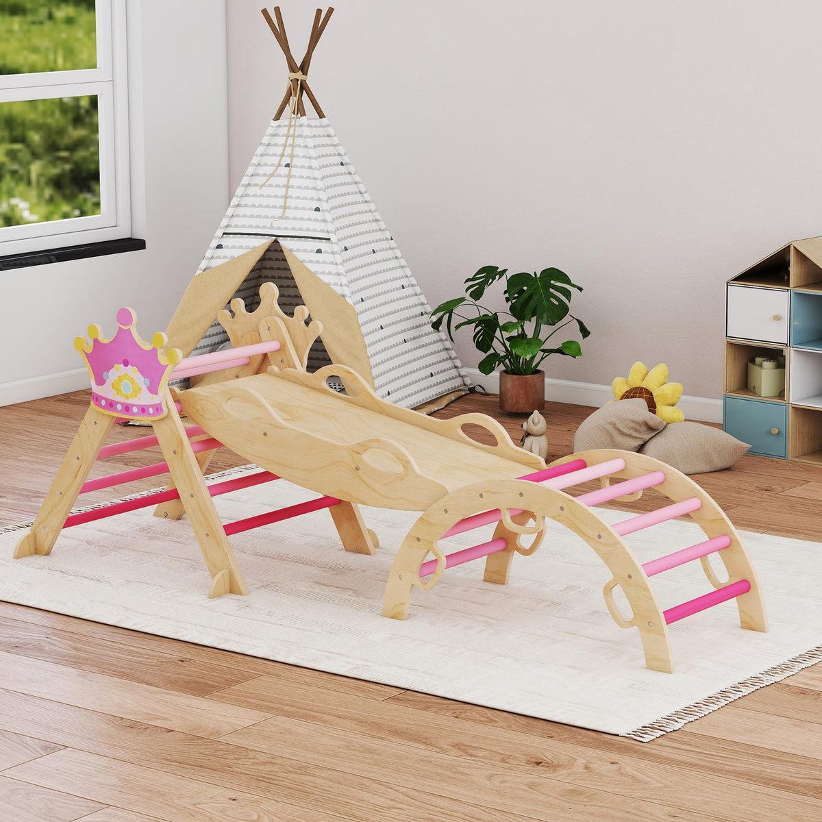 Klatrestativ for barn innendørs – 8-i-1, prinsessedesign, tre