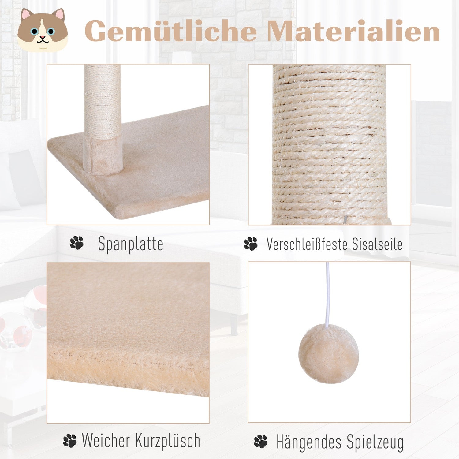 Kattträdskrapstolpe med sisal och plyschhängmatta 50cm