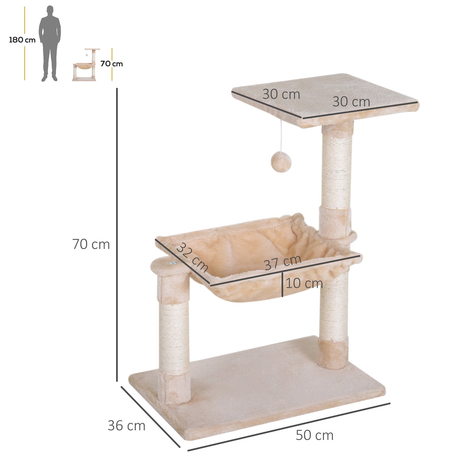 Kattträdskrapstolpe med sisal och plyschhängmatta 50cm