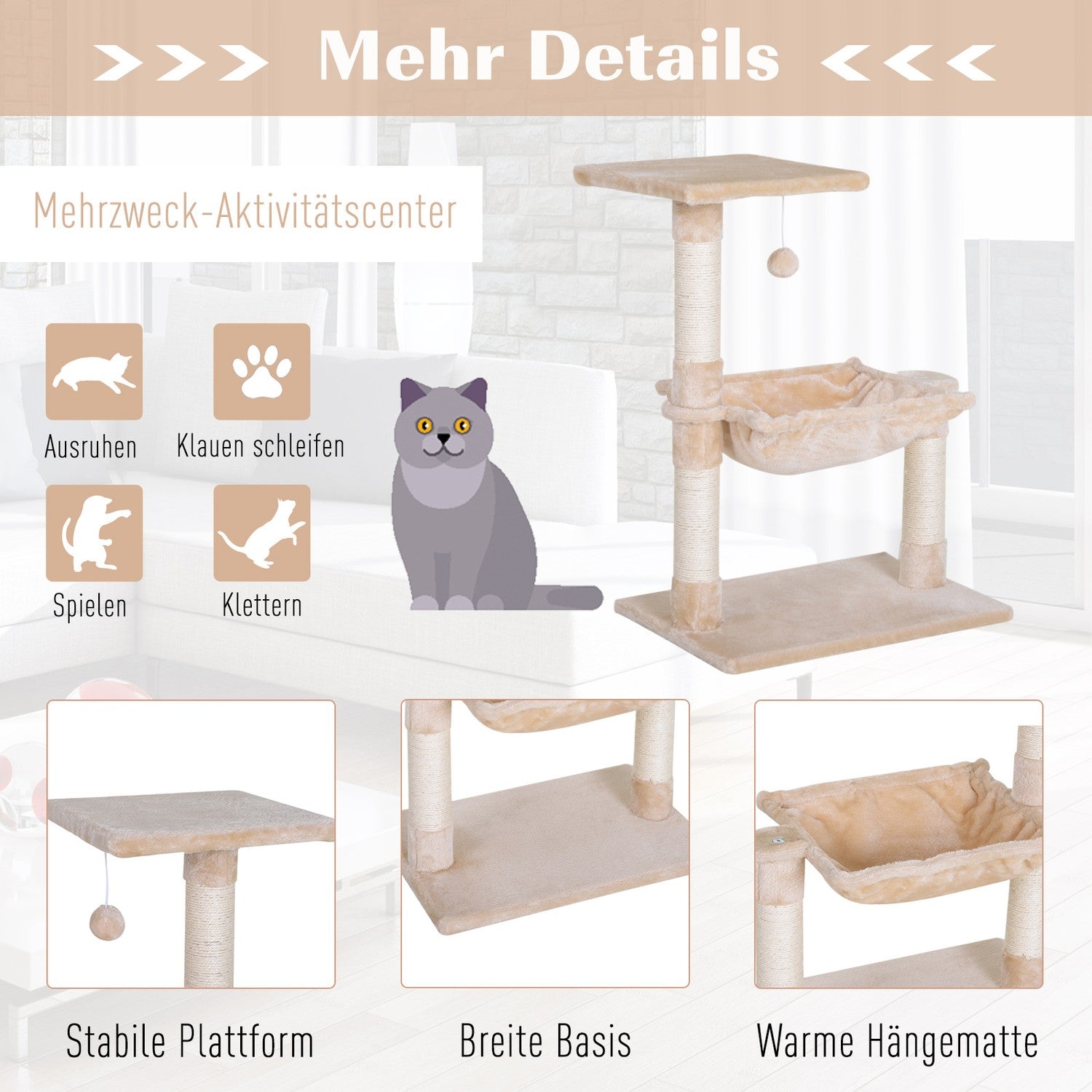 Kattträdskrapstolpe med sisal och plyschhängmatta 50cm