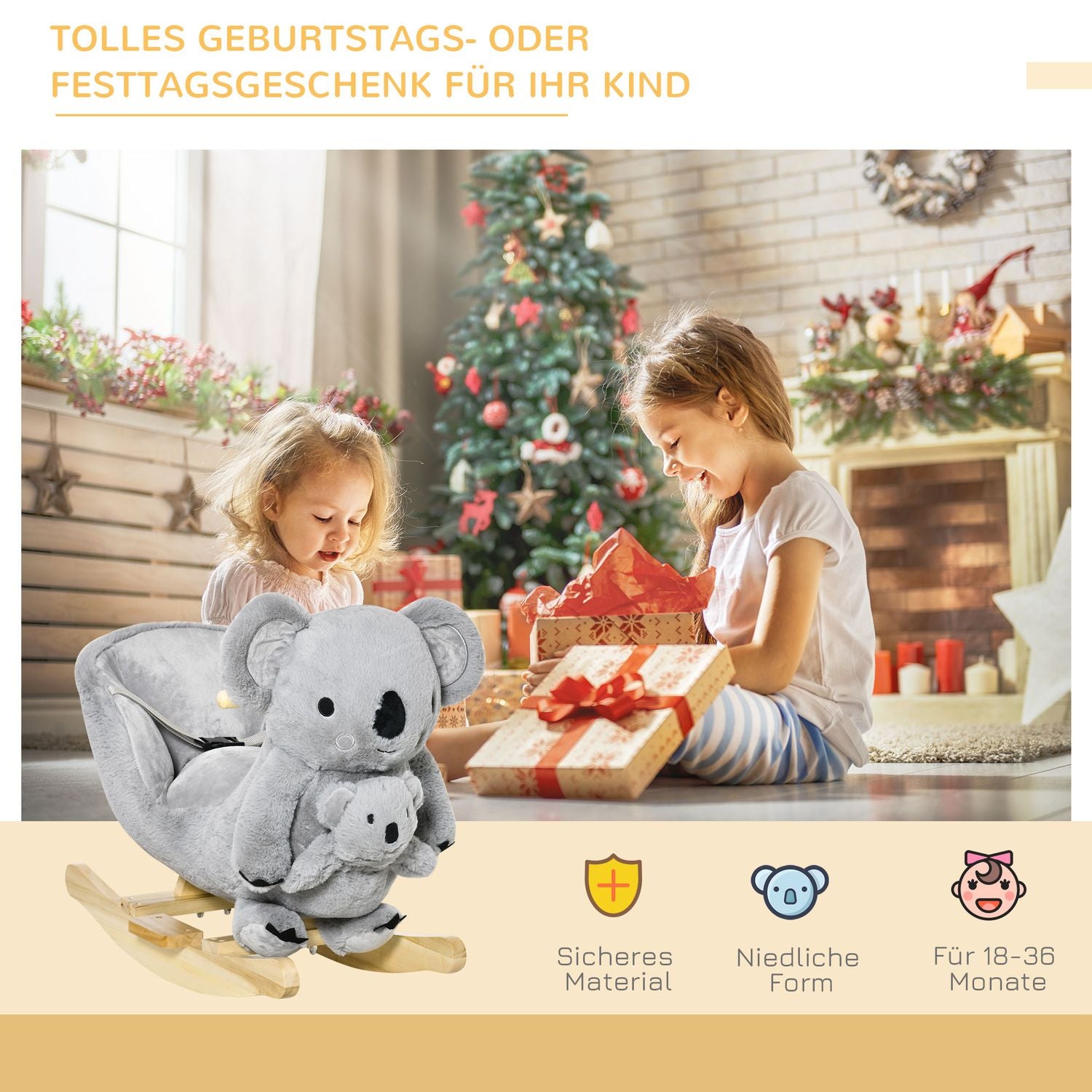 Koala gungleksak för småbarn, grå plysch och trä