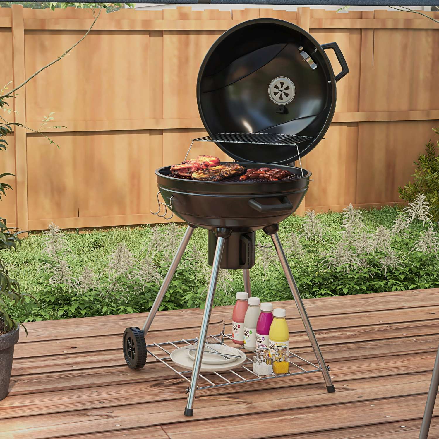 Kolgrill med hjul, hylla och termometer