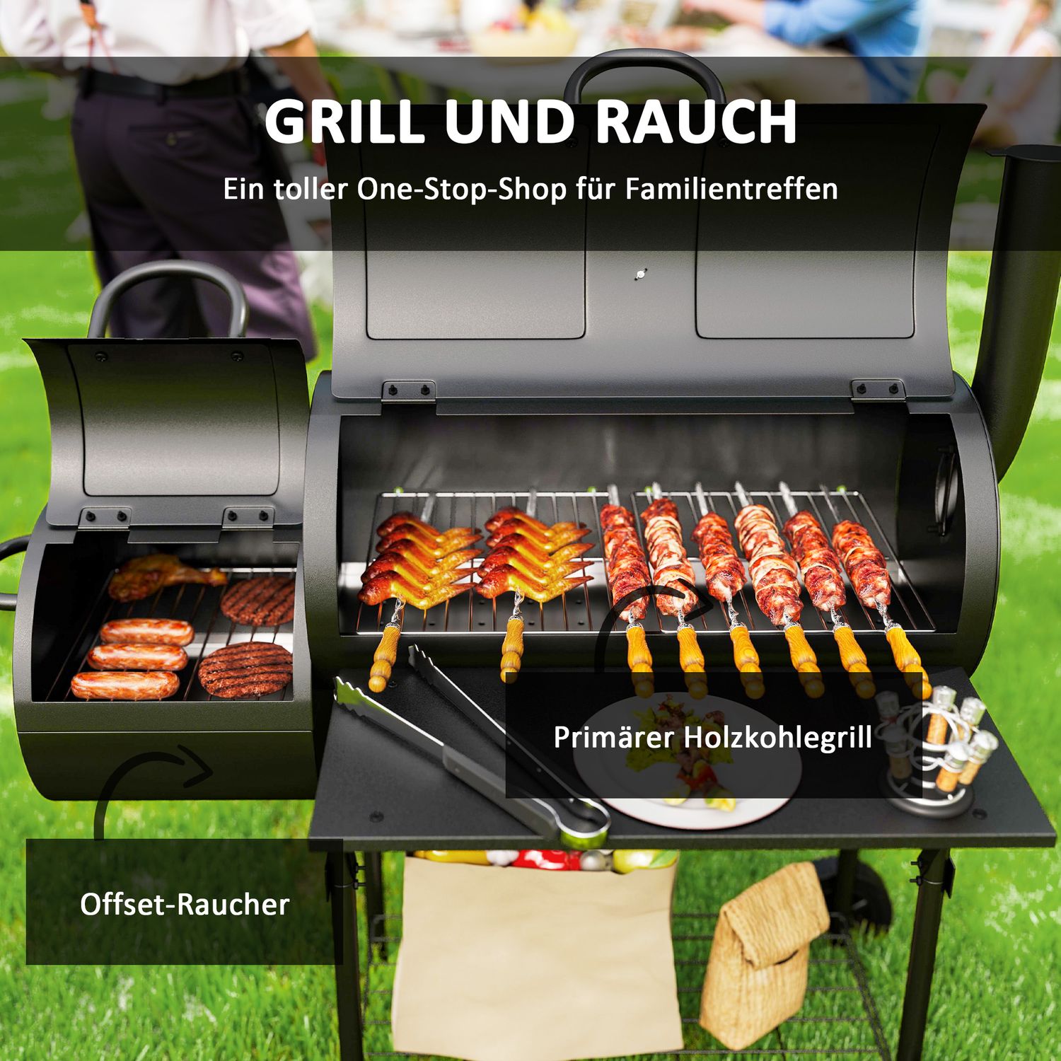 Steel BBQ kolgrill med termometer och hjul, 109x60x120 cm