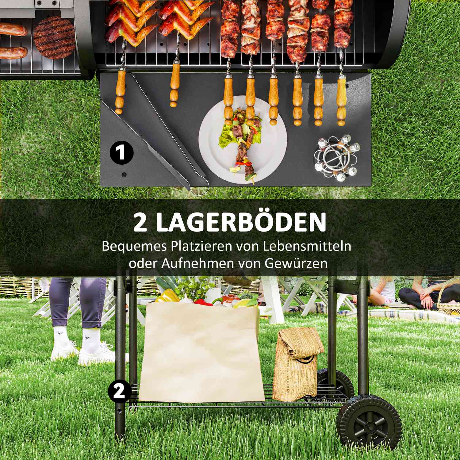 Steel BBQ kolgrill med termometer och hjul, 109x60x120 cm