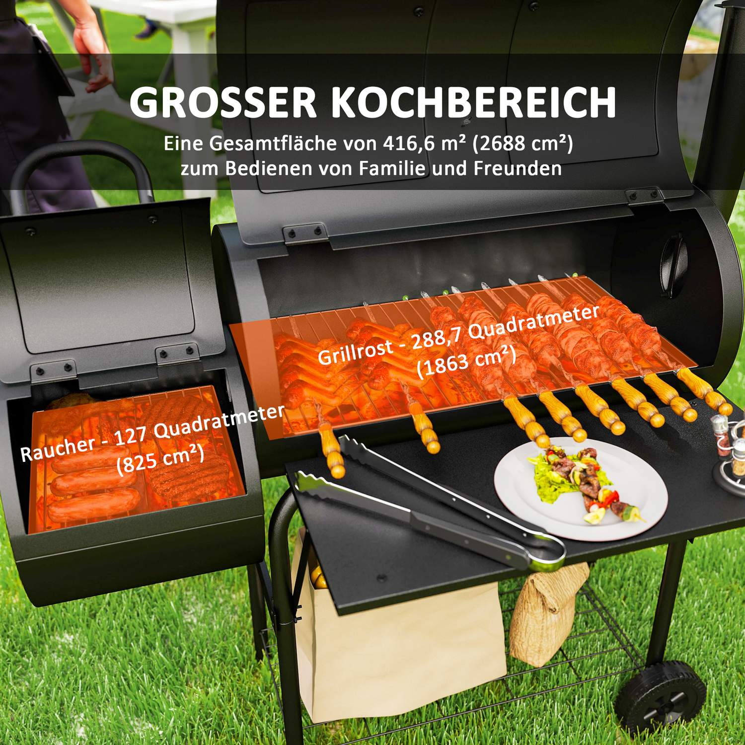 Steel BBQ kolgrill med termometer och hjul, 109x60x120 cm