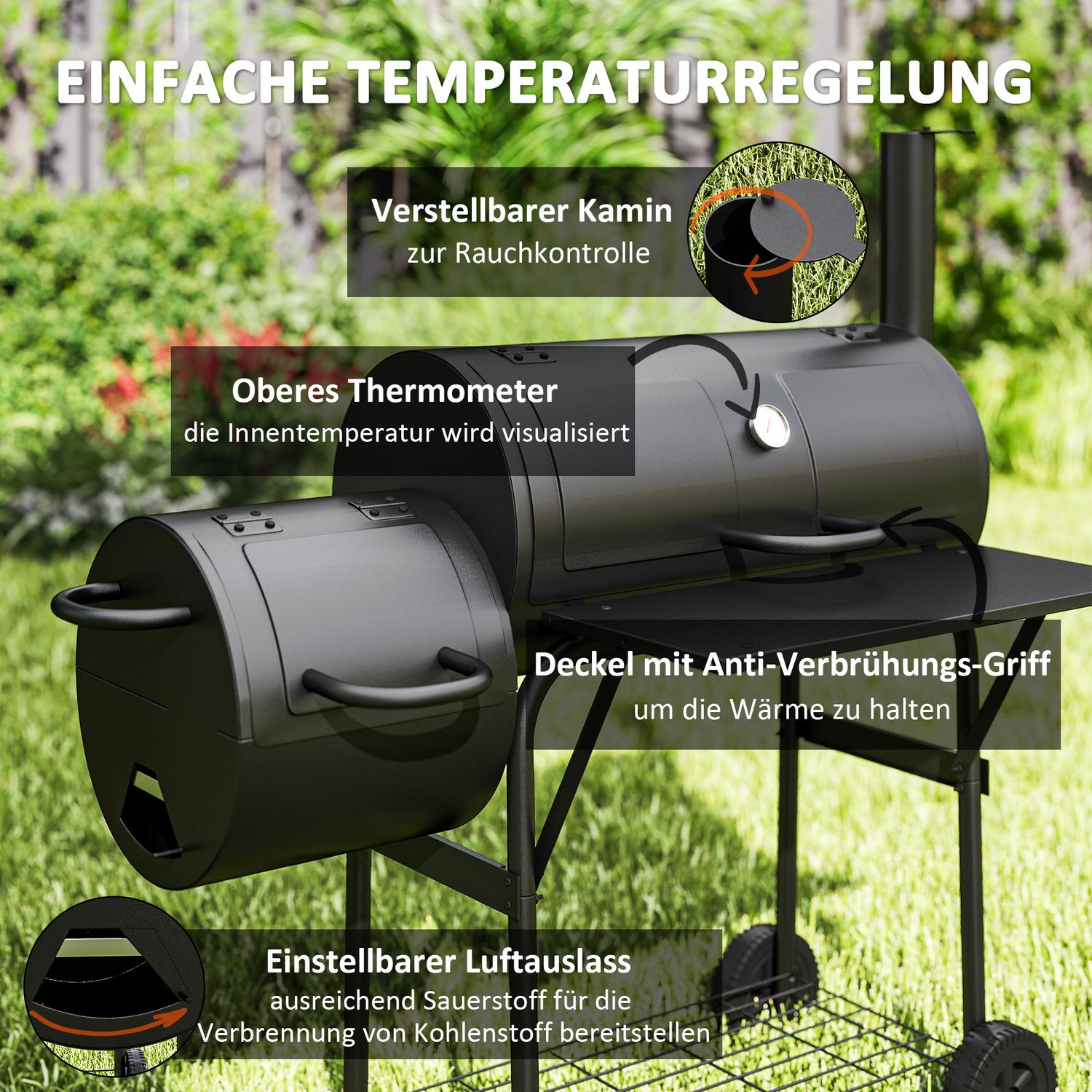 Steel BBQ kolgrill med termometer och hjul, 109x60x120 cm
