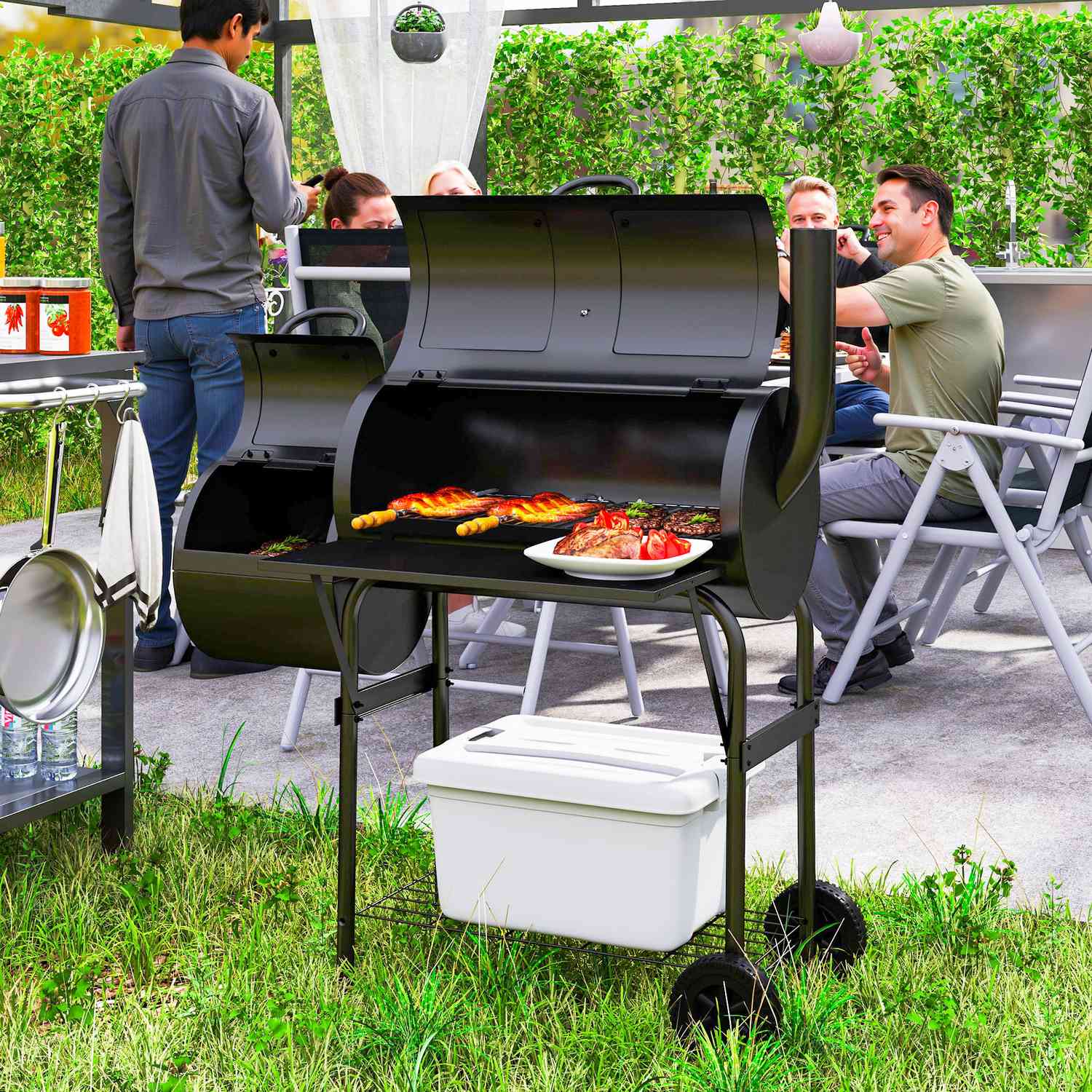 Steel BBQ kolgrill med termometer och hjul, 109x60x120 cm