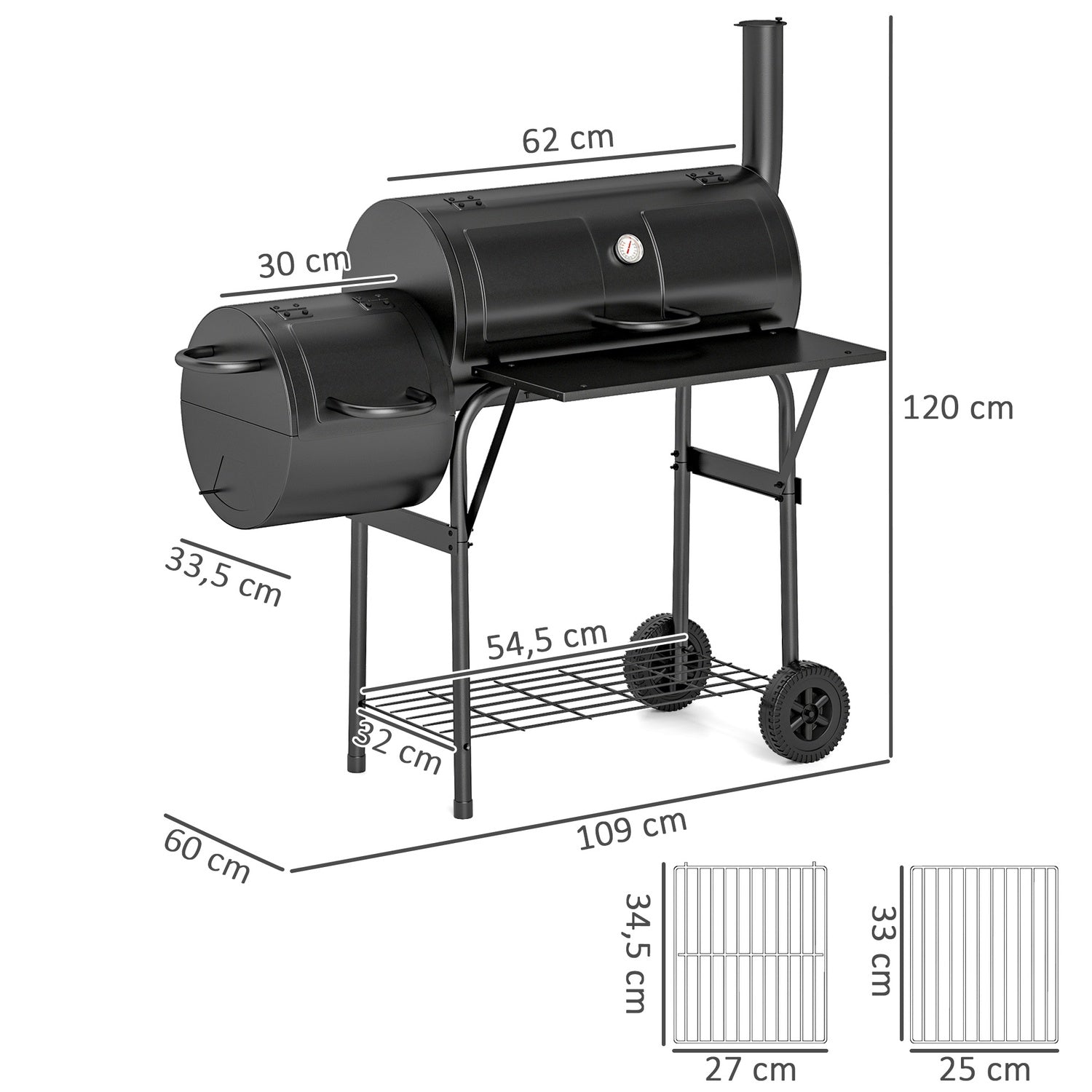 Steel BBQ kolgrill med termometer och hjul, 109x60x120 cm