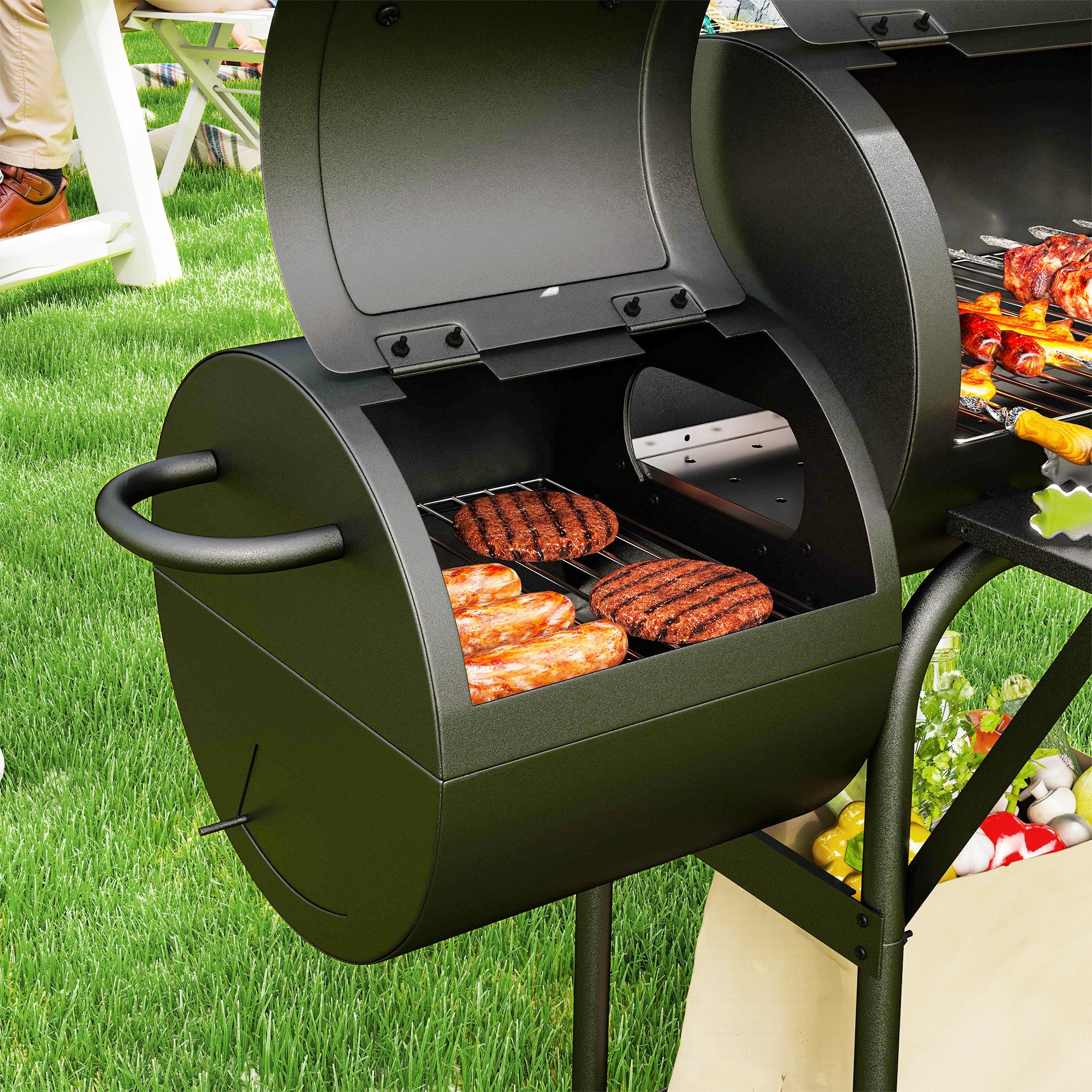 Steel BBQ kolgrill med termometer och hjul, 109x60x120 cm