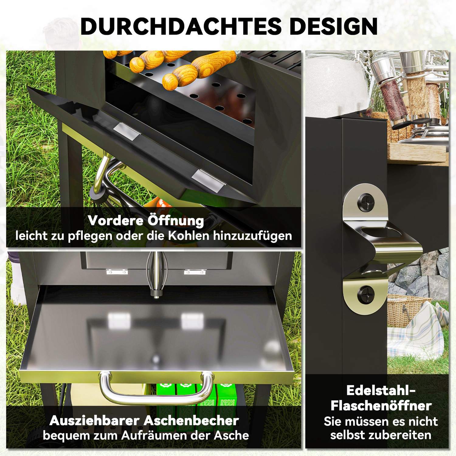 Kolgrill i rostfritt stål, mobil grillvagn med lock, termometer, grillgaller, hjul, justerbart handtag, kolbricka, kolgrillvagn med vedhylla, BBQ rökare för camping, trädgård 112x58x107cm |
