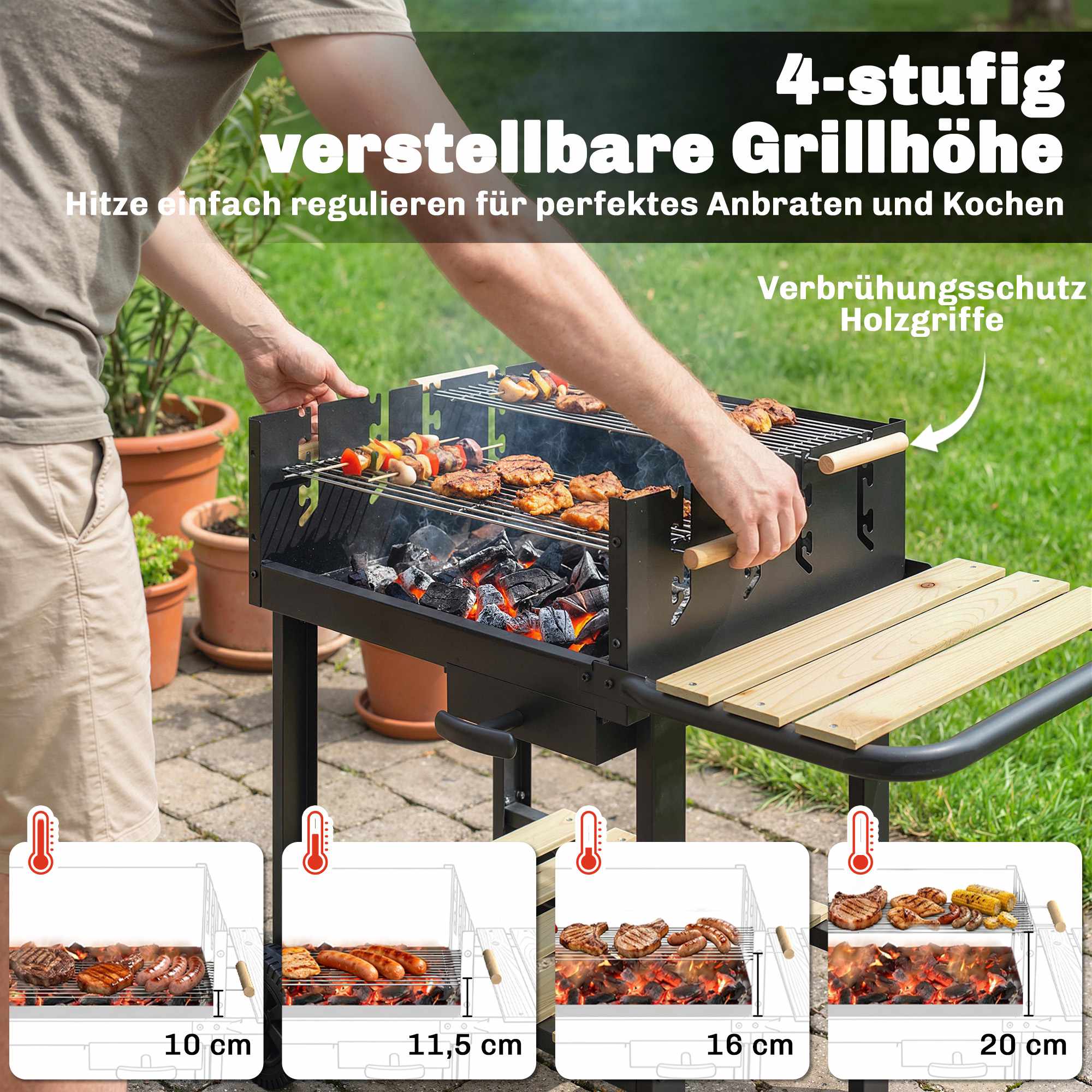 Kolgrillvagn med justerbara galler, trähyllor och hjul