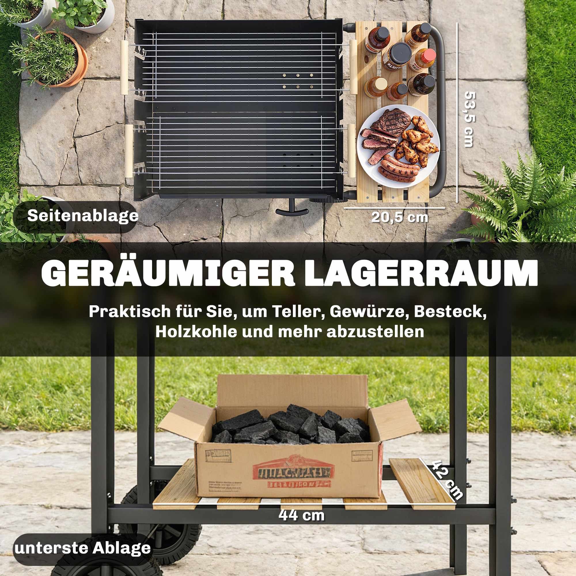 Kolgrillvagn med justerbara galler, trähyllor och hjul