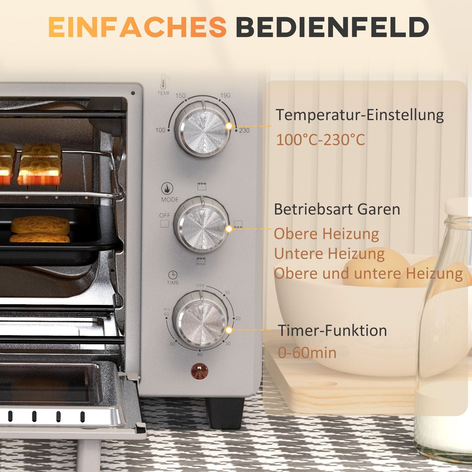 Kompakt 21L ugn, 100°C-230°C, 3 tillagningslägen