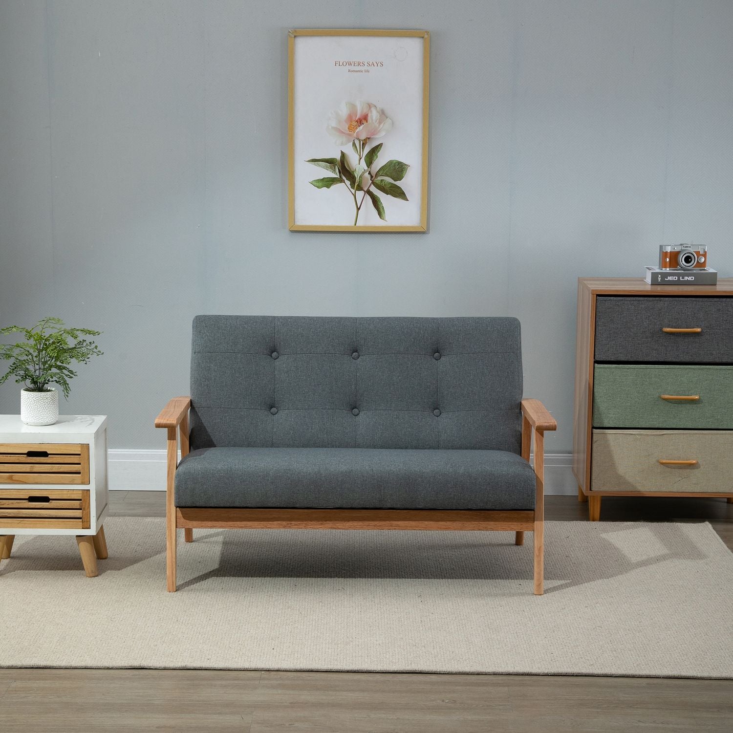 Kompakt grå linne Loveseat – 2-sits, gummiträram