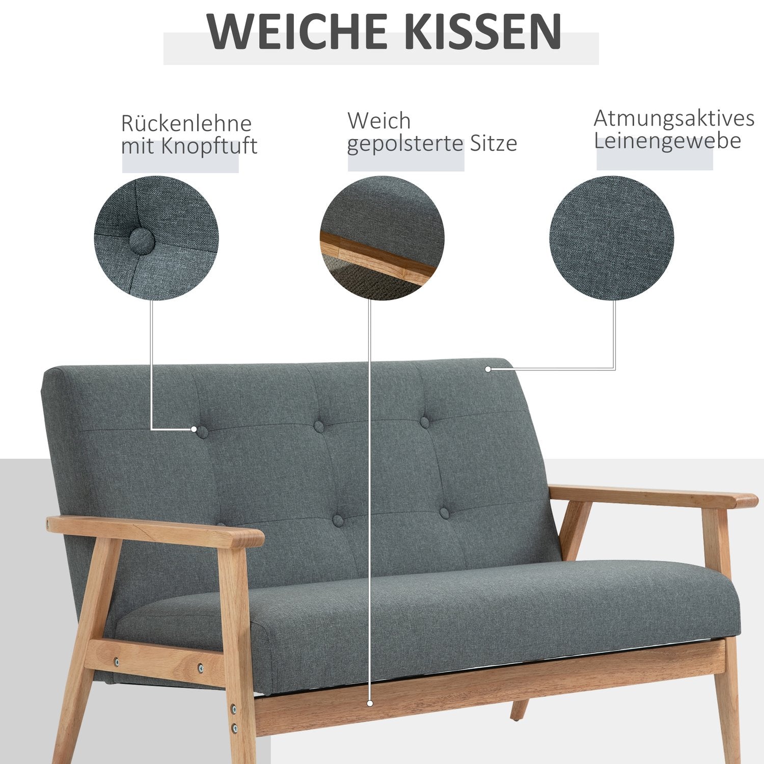 Kompakt grå linne Loveseat – 2-sits, gummiträram