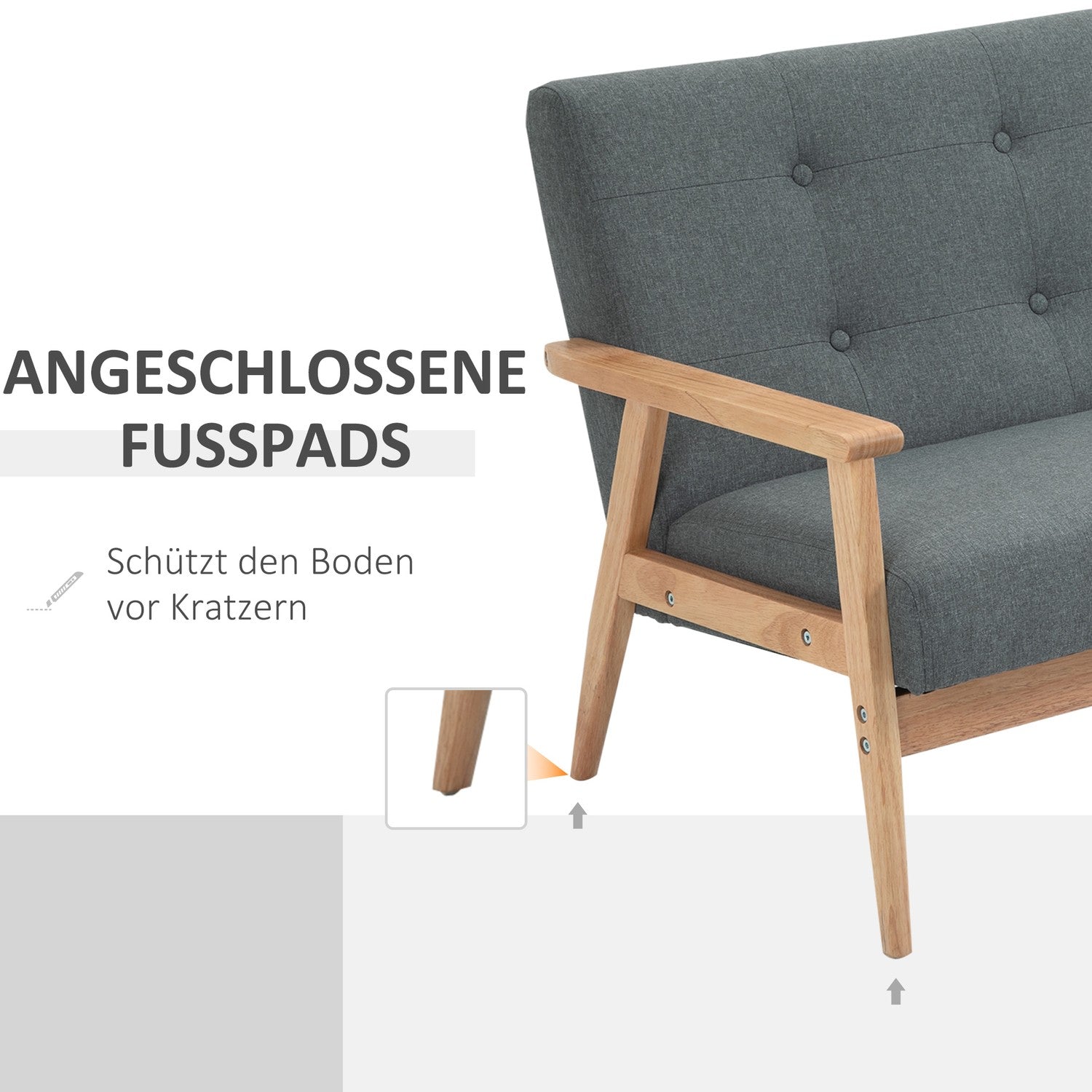 Kompakt grå linne Loveseat – 2-sits, gummiträram