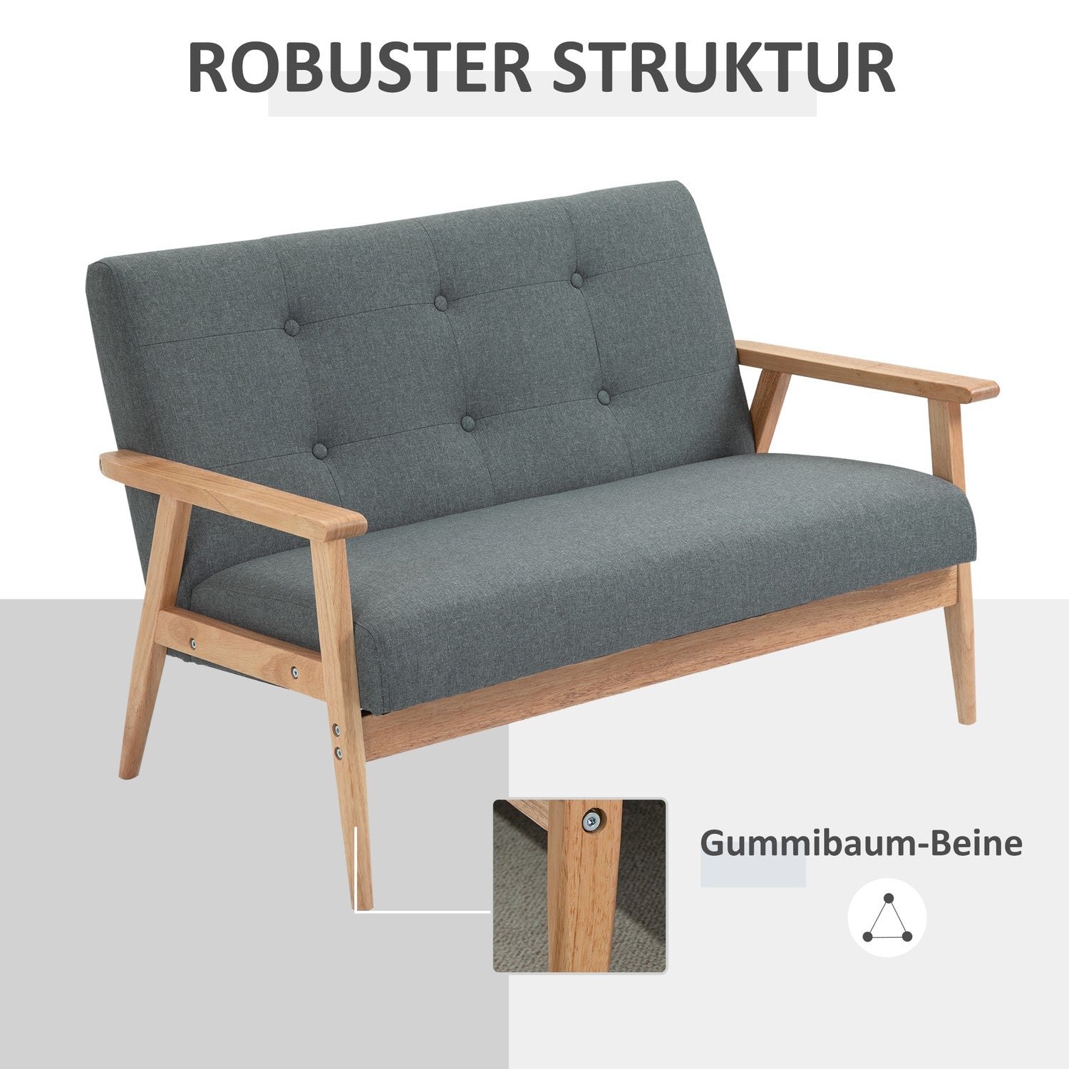 Kompakt grå linne Loveseat – 2-sits, gummiträram