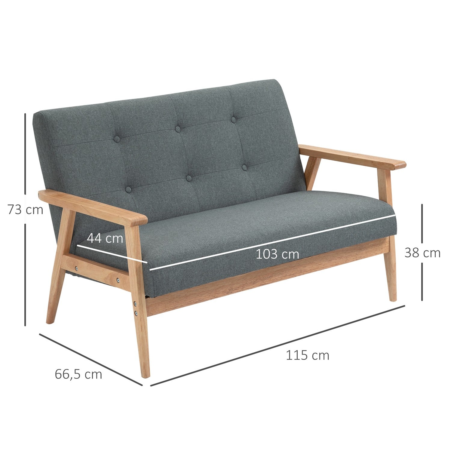 Kompakt grå linne Loveseat – 2-sits, gummiträram