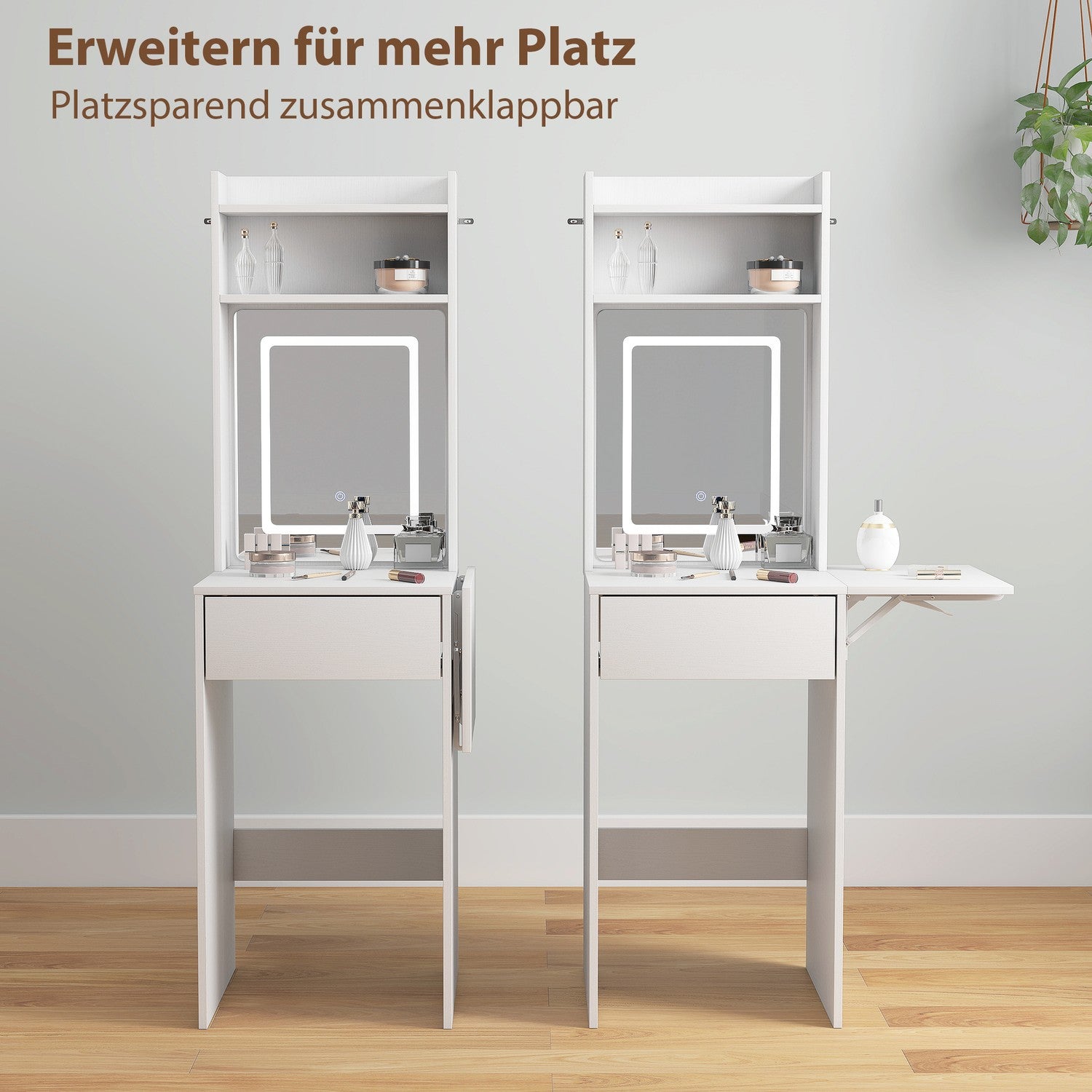 Kompakt sminkbord med spegel och LED-belysning, vikbar bordsskiva, öppna hyllor, låda, MDF, vit