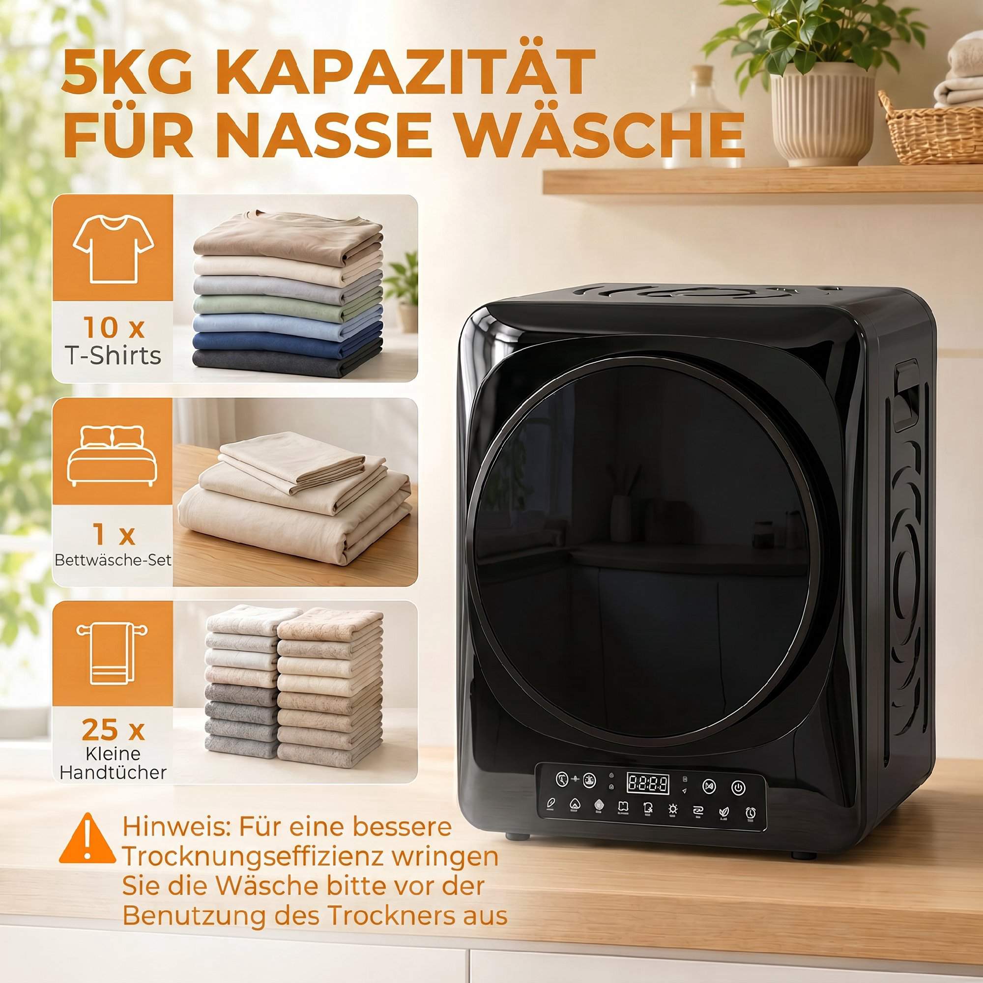 Kompakt ventilerad torktumlare, 5 kg, 1000 W, svart
