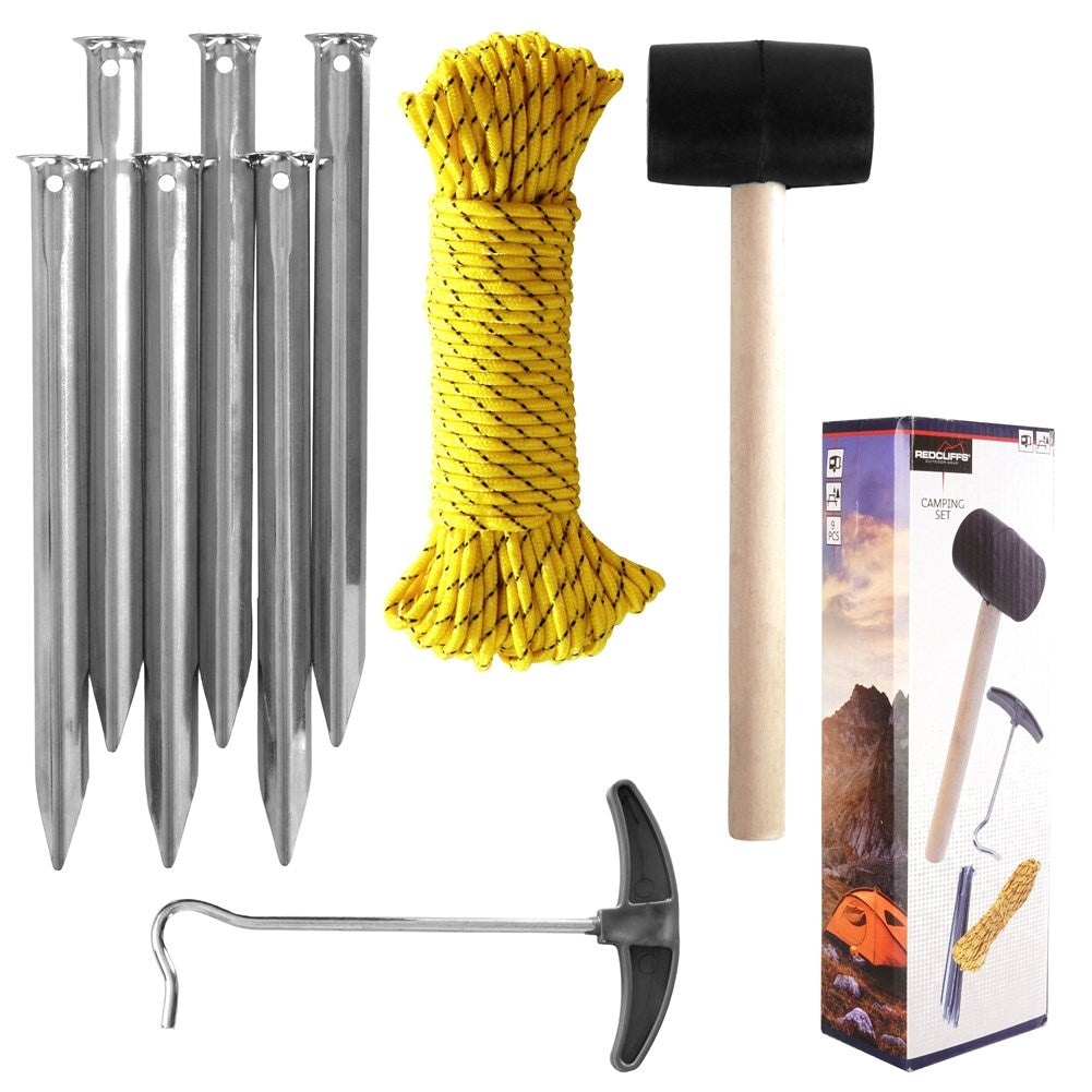 Komplett campingkit 9 delar: hammare, lina, tältpinnar, krok