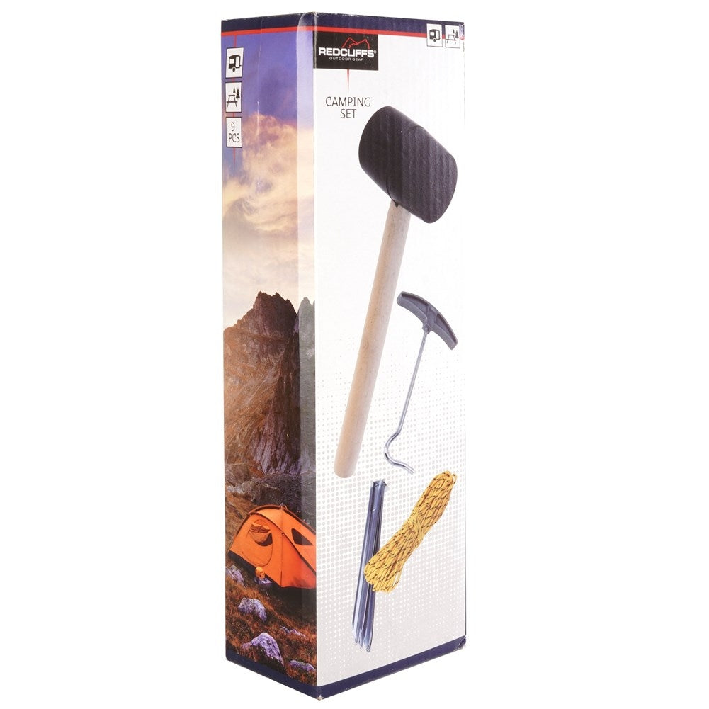 Komplett campingkit 9 delar: hammare, lina, tältpinnar, krok