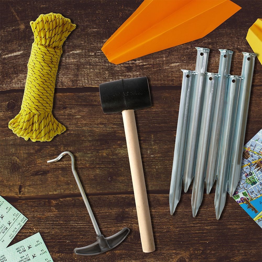 Komplett campingkit 9 delar: hammare, lina, tältpinnar, krok