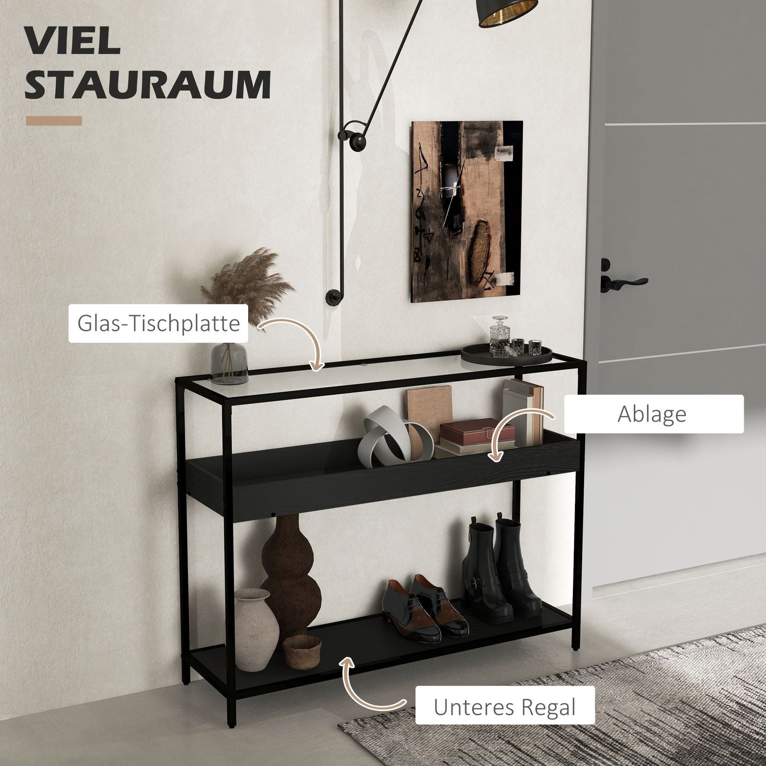 Svart stålkonsolbord med glasskiva och 2 hyllplan – 100x30x78 cm