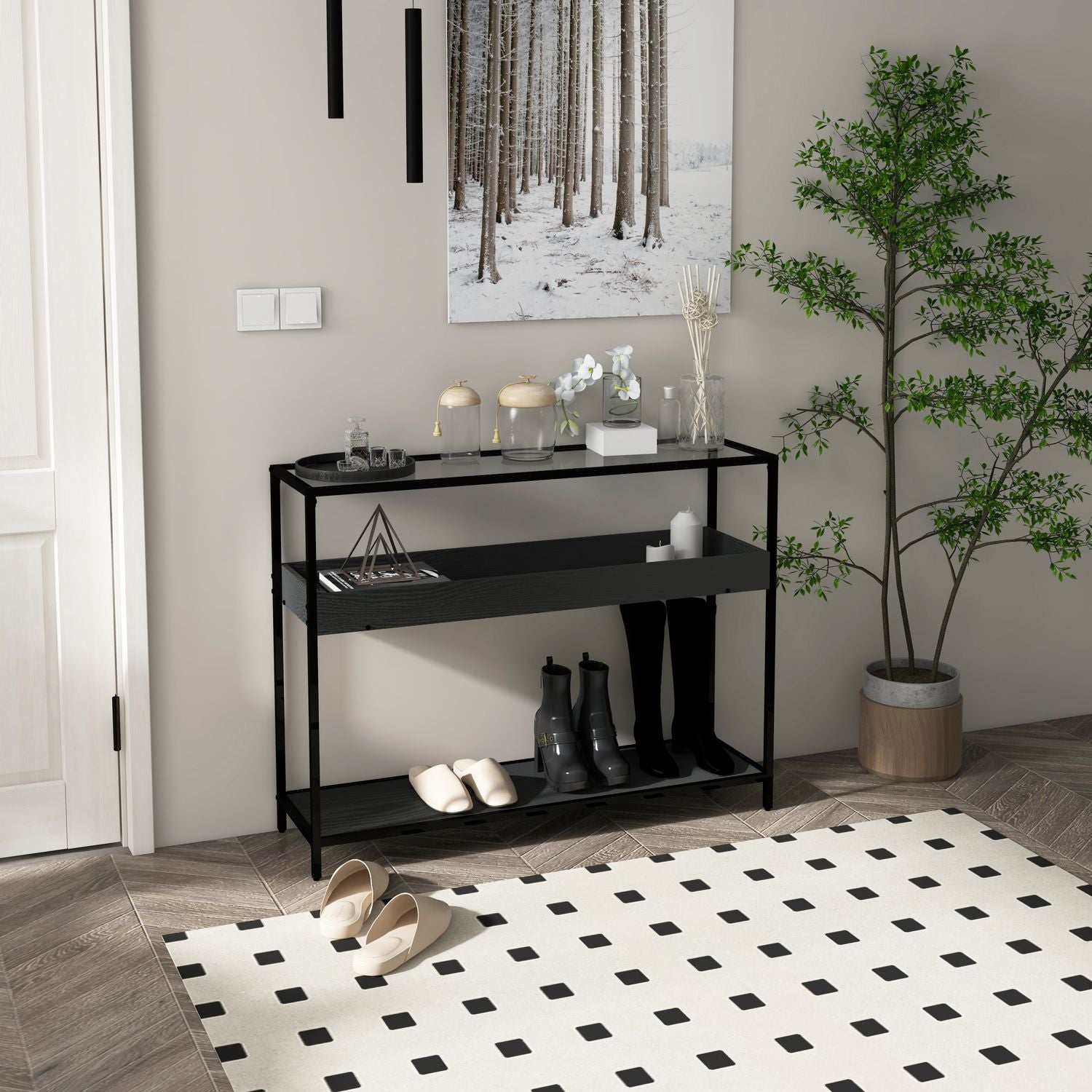 Svart stålkonsolbord med glasskiva och 2 hyllplan – 100x30x78 cm