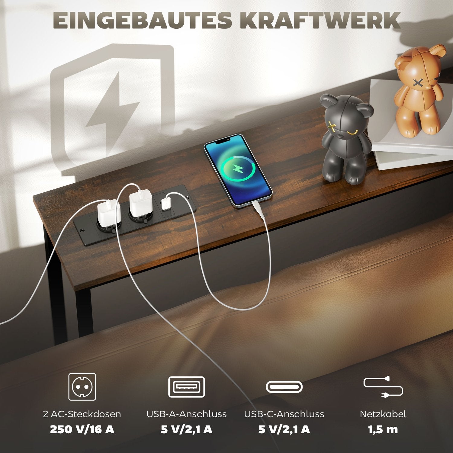 Industriellt smalt konsolbord, laddstation, rustikt brunt