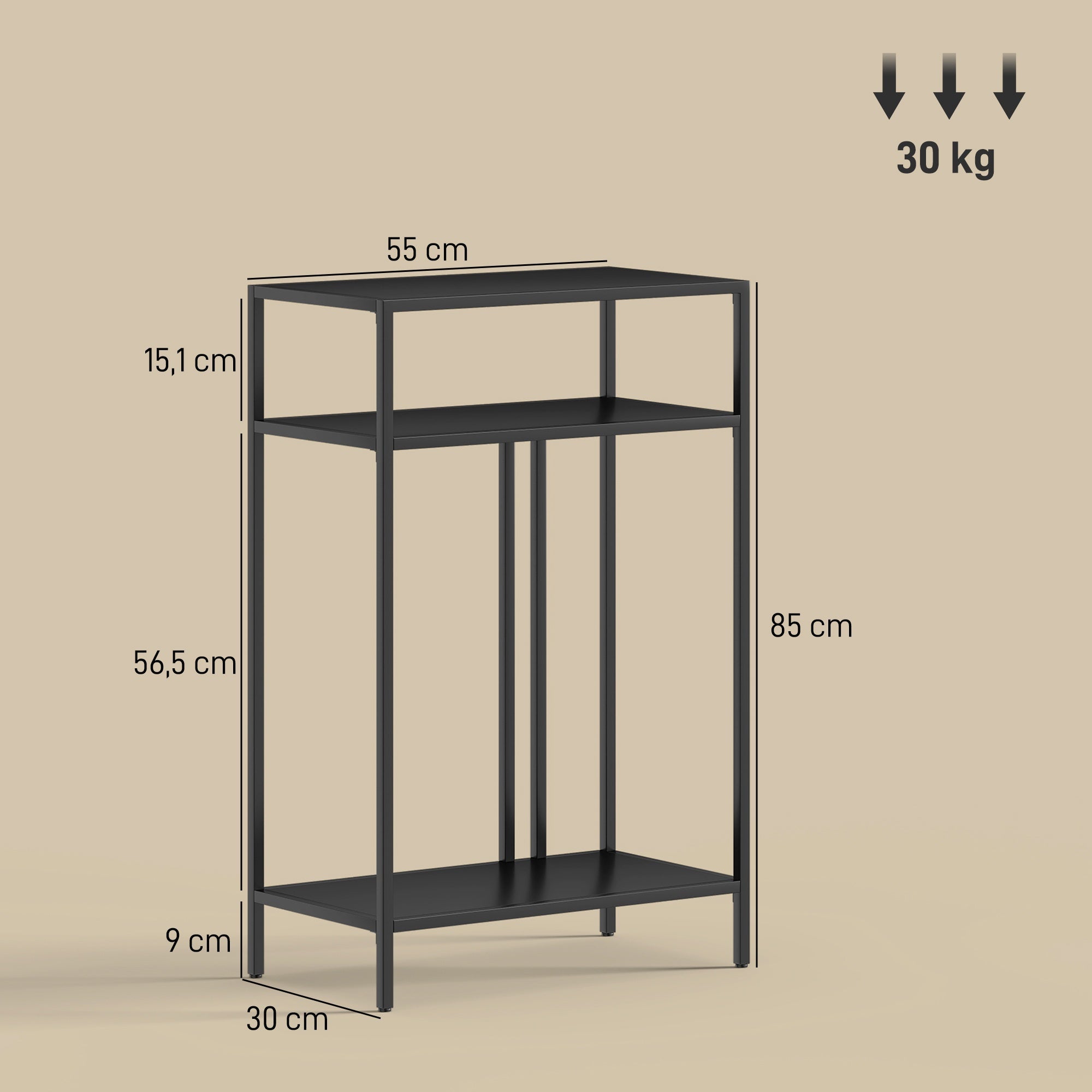 Konsolbord med 3 hyllor, metallram, svart, 55 cm