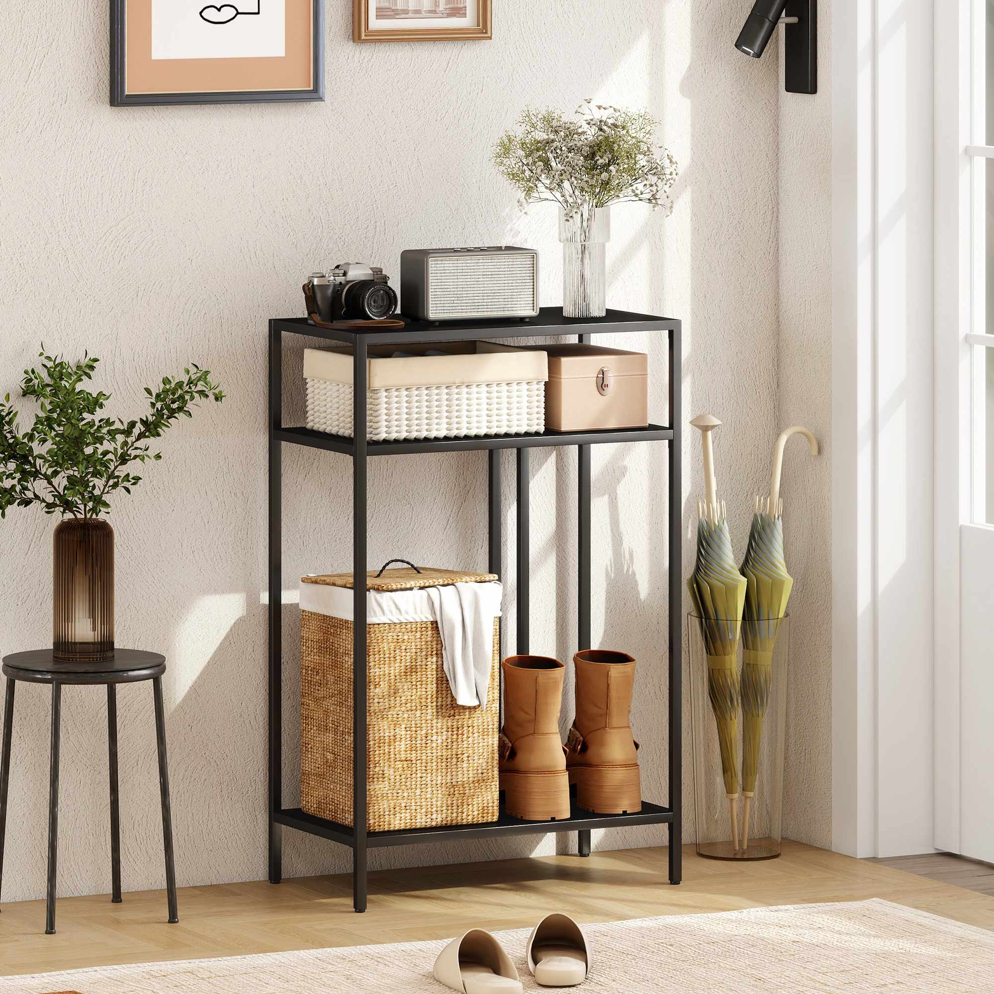 Konsolbord med 3 hyllor, metallram, svart, 55 cm