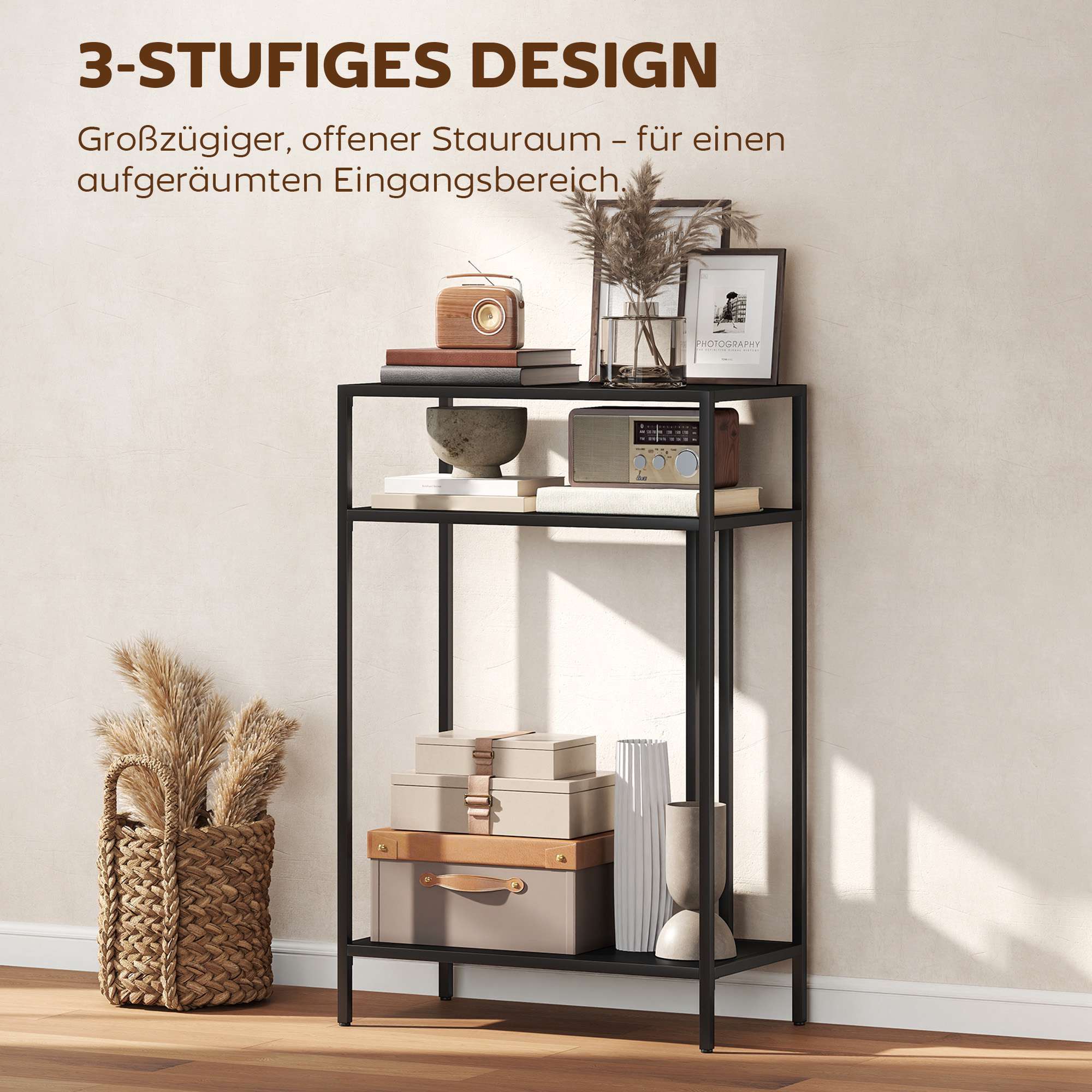 Konsolbord med 3 hyllor, metallram, svart, 55 cm