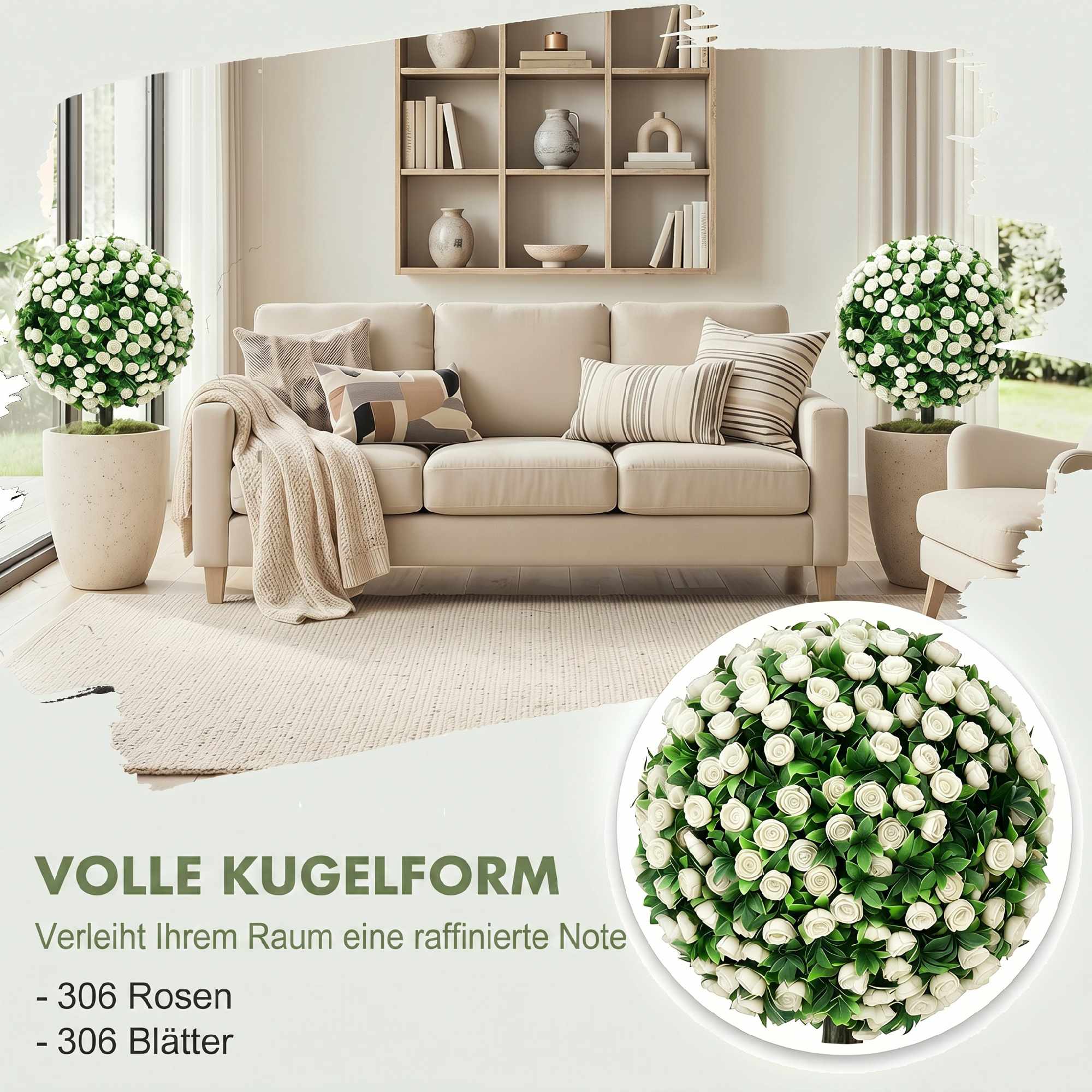 Konstgjorda rosbollar, topiary-stakar, 2-pack, UV-resistenta, vita