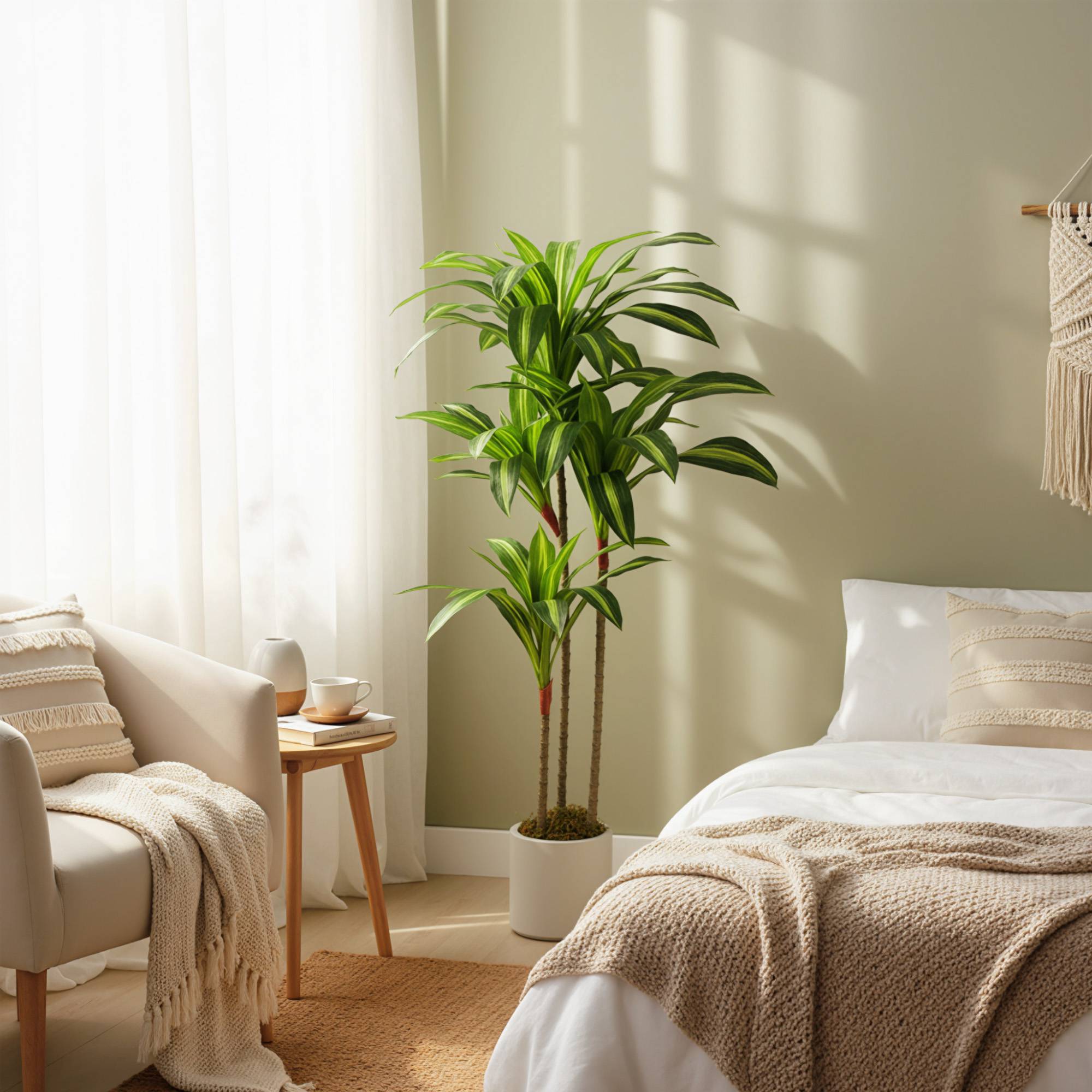 Konstgjord dracaena 120 cm, flexibla stammar, vit kruka