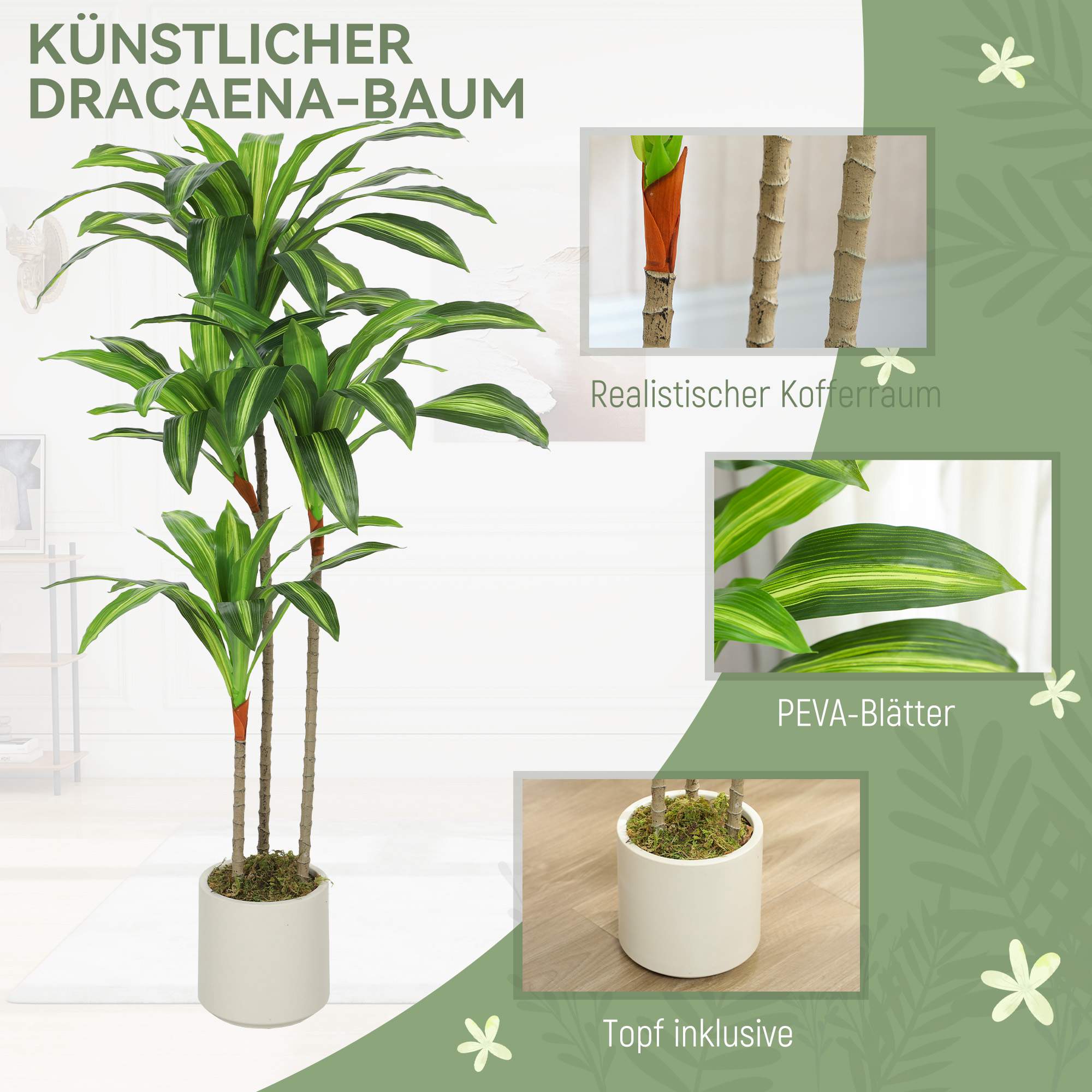 Konstgjord dracaena 120 cm, flexibla stammar, vit kruka