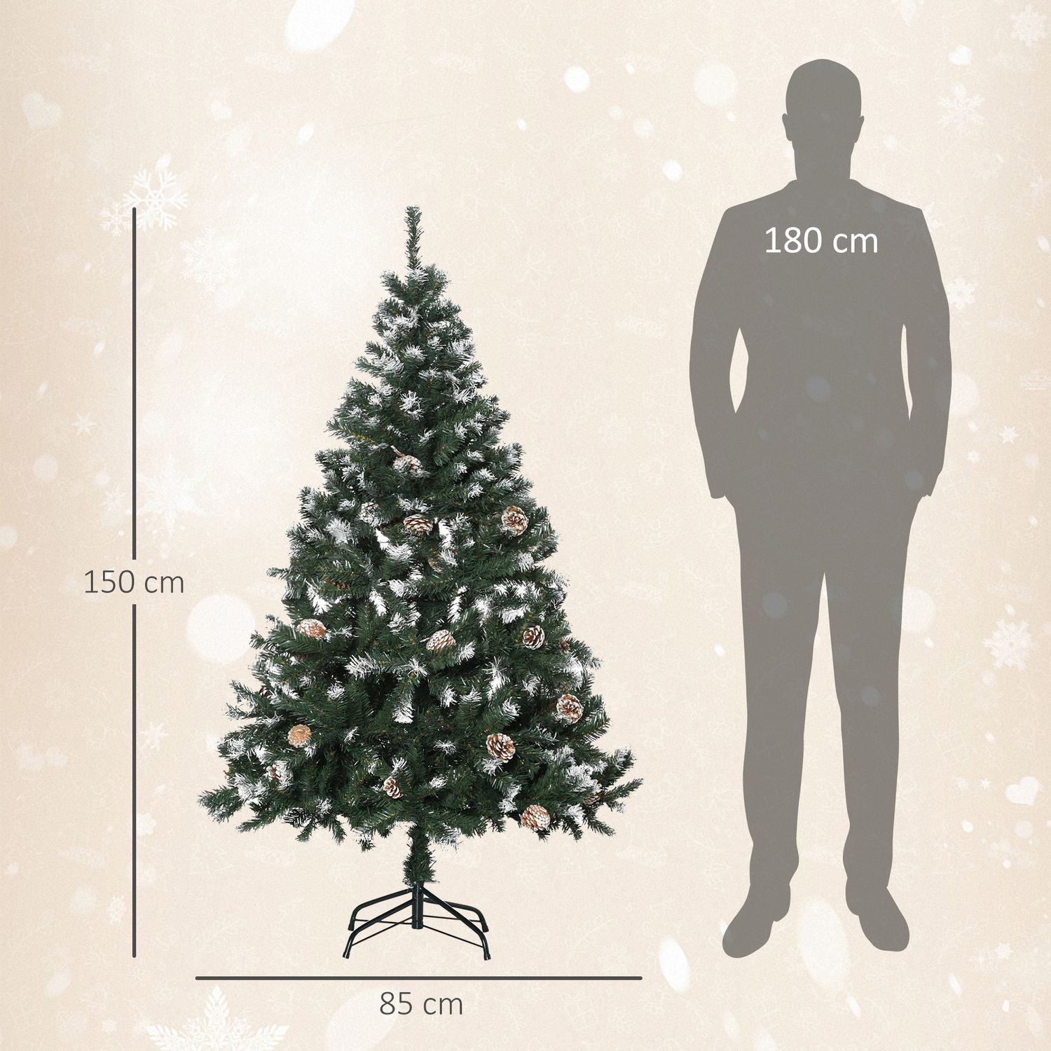 Konstgjord julgran, 150 cm, snötäckta grenar, tallkottar