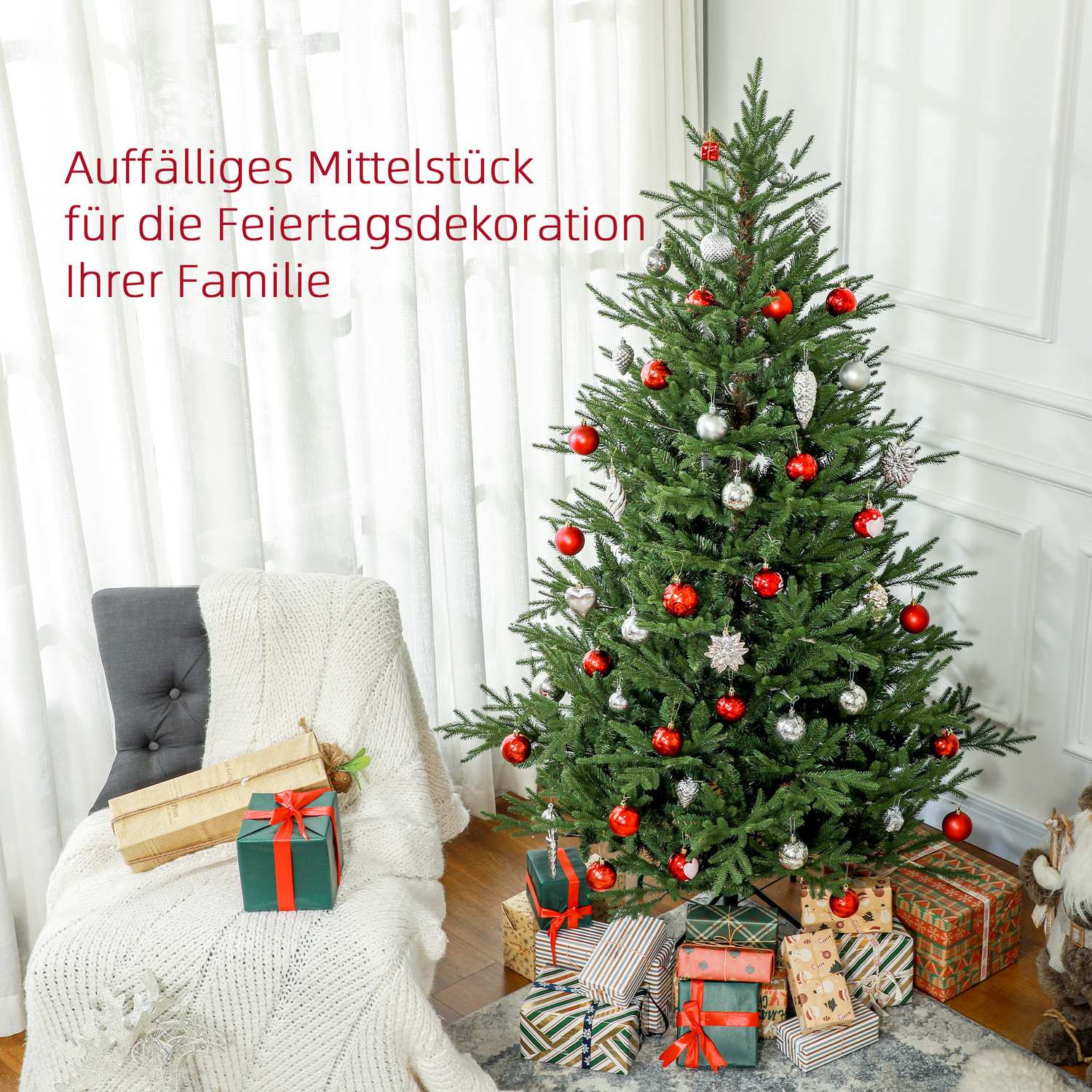 180cm konstgjord julgran, 2380 tips, hopfällbart stativ
