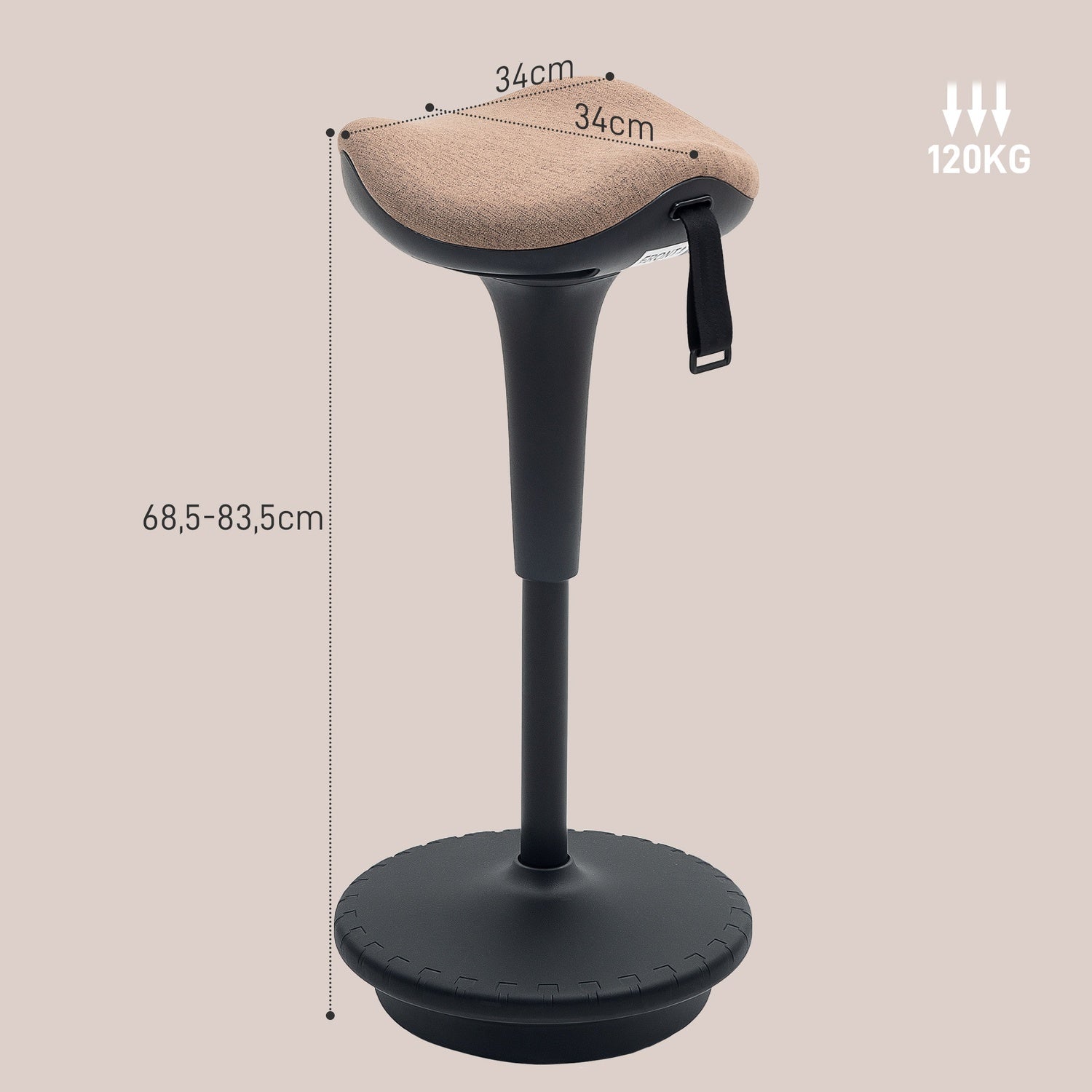 Ergonomisk vridbar kontorspall, justerbar 68,5-83,5 cm, brun