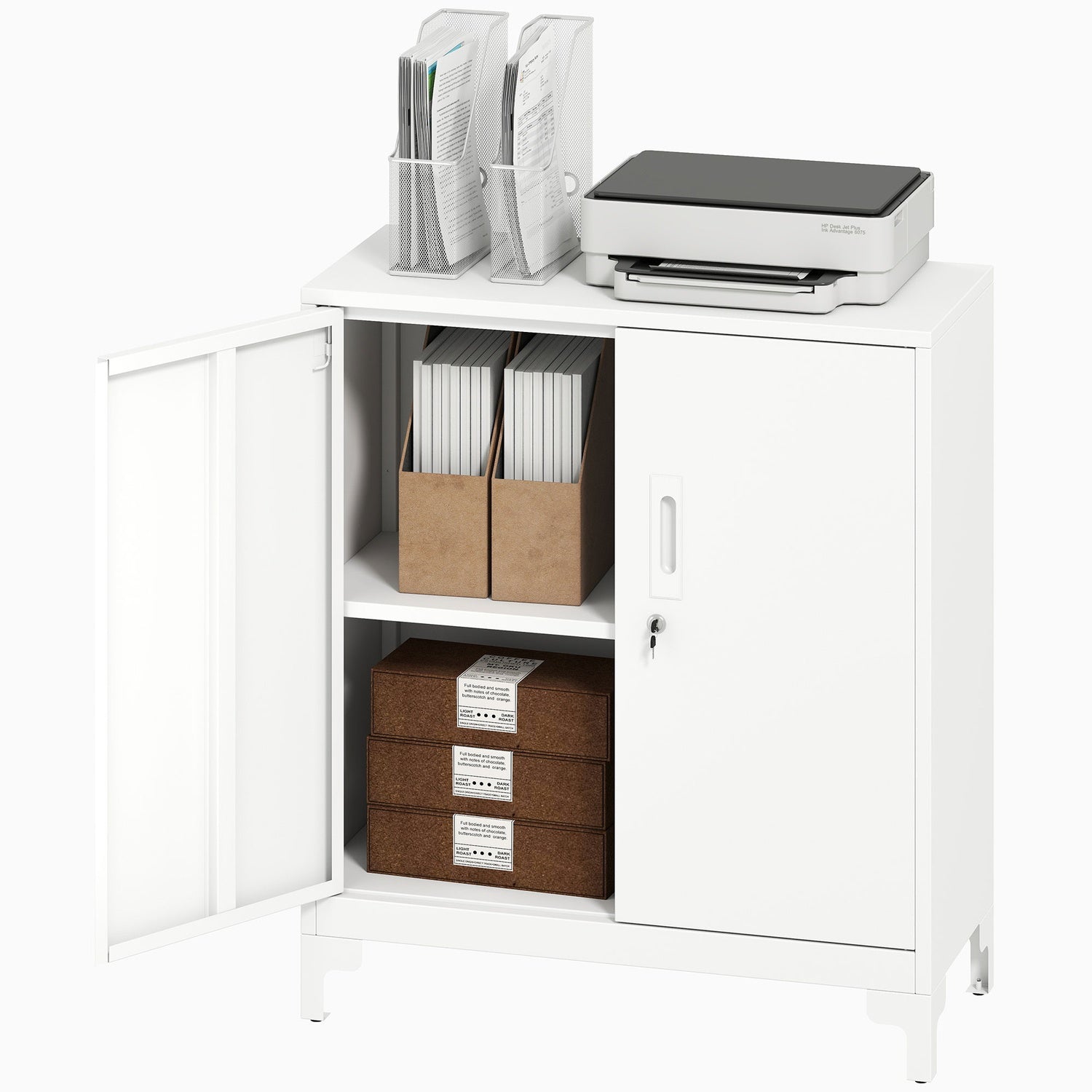 Kontorsskåp i metall, låsbara dörrar, 2-vånings, vit