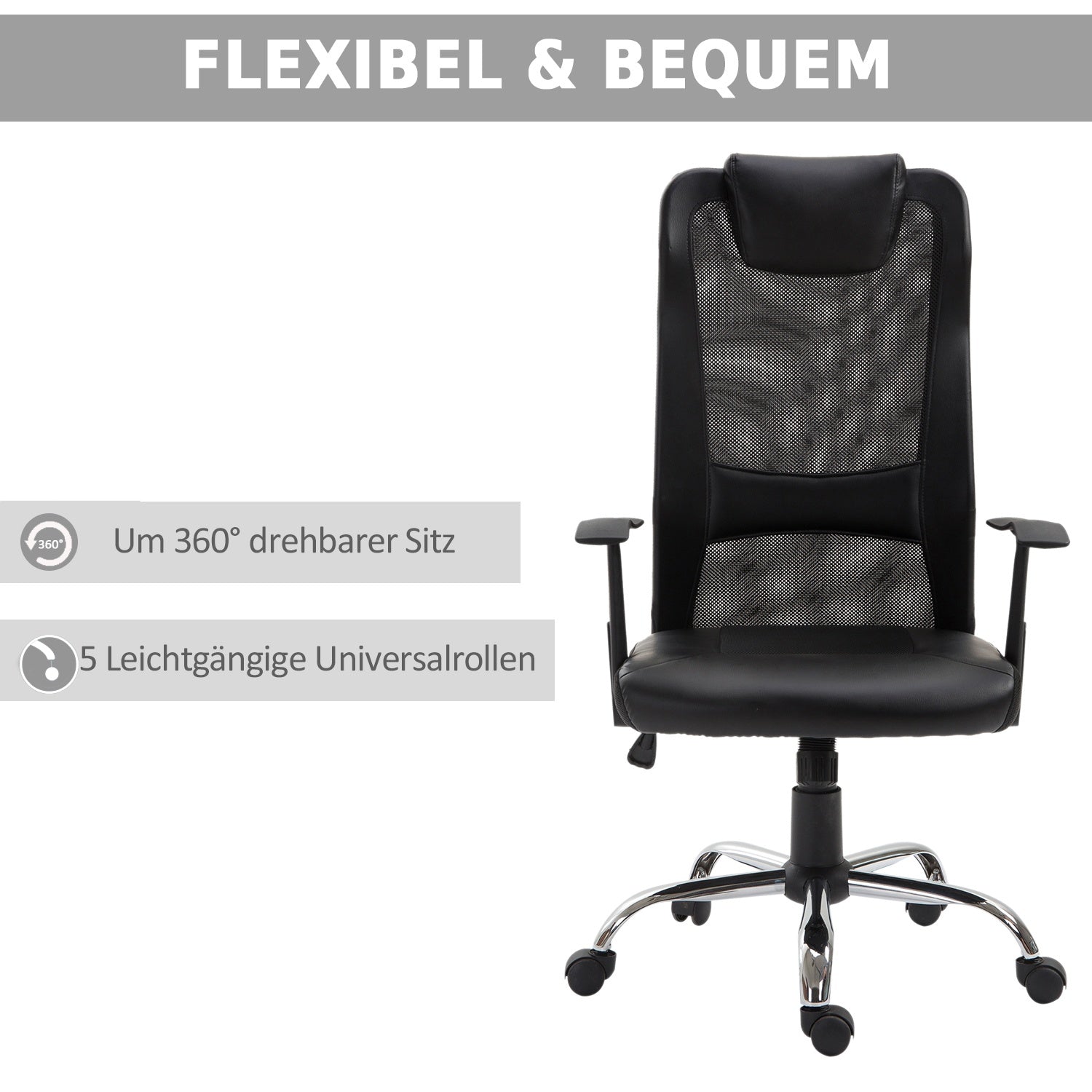 Ergonomisk kontorsstol i svart PU-läder, justerbar i höjdled