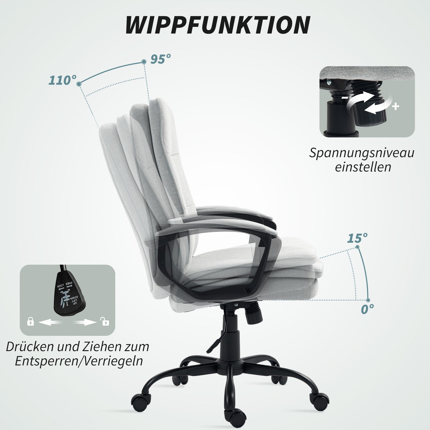 Ergonomisk kontorsstol, justerbar med armstöd, grått linne