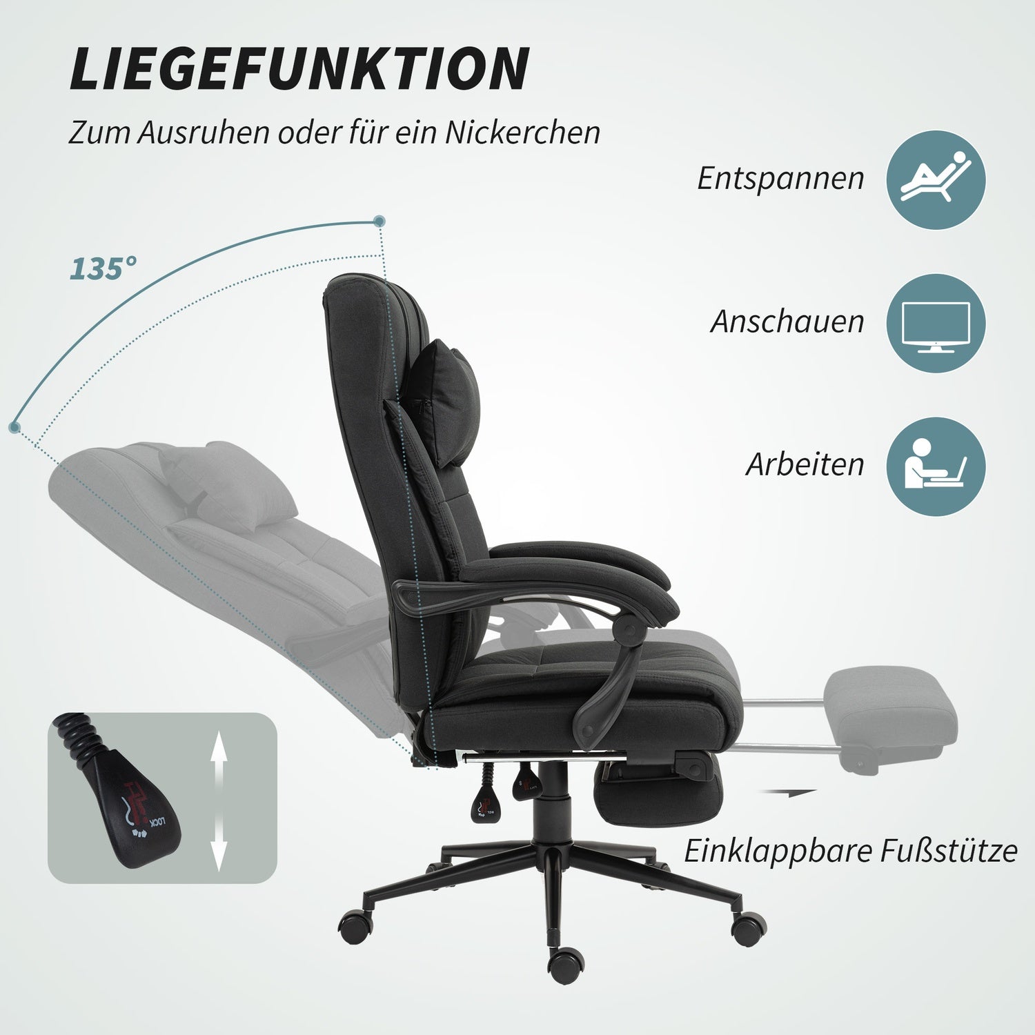 Kontorsstol med fotstöd, ergonomisk snurrstol, svart